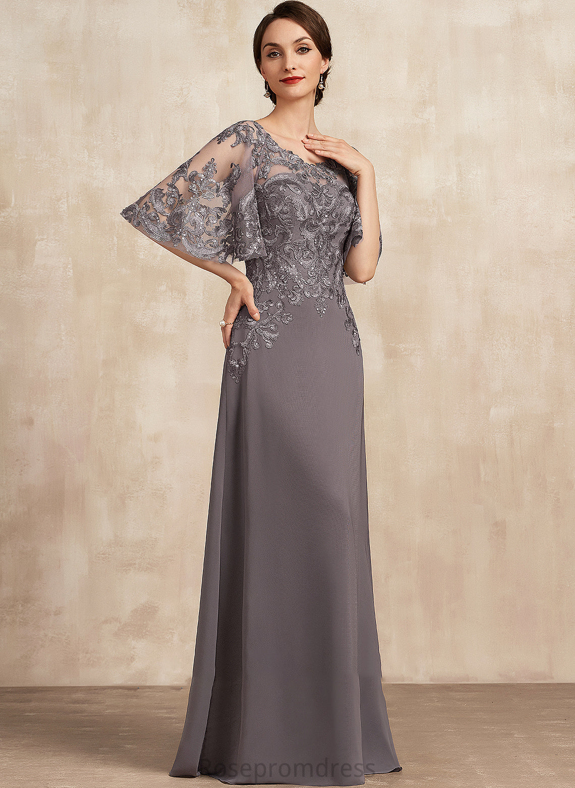 A-Line Sequins Mother of the Bride Dresses Chiffon With Lace Scoop Dress Katie Mother Bride Neck the of Floor-Length