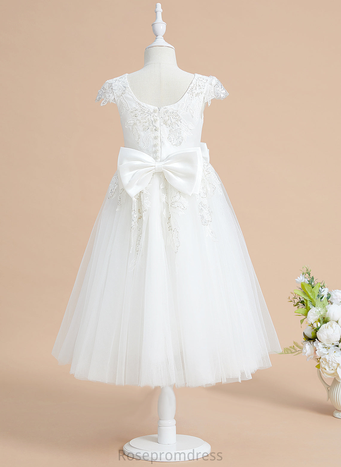 Scoop Girl A-Line Flower Girl Dresses Mylee With Sequins/Bow(s) Tulle/Lace Tea-length Sleeves Dress - Flower Short Neck