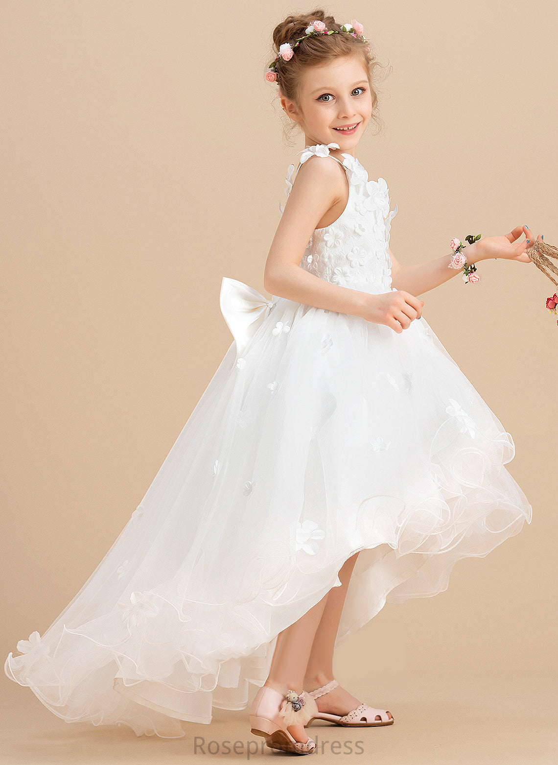 Flower Beading/Flower(s)/Bow(s) Dress Flower Girl Dresses Tulle - With Sleeveless Ball-Gown/Princess V-neck Kate Asymmetrical Girl