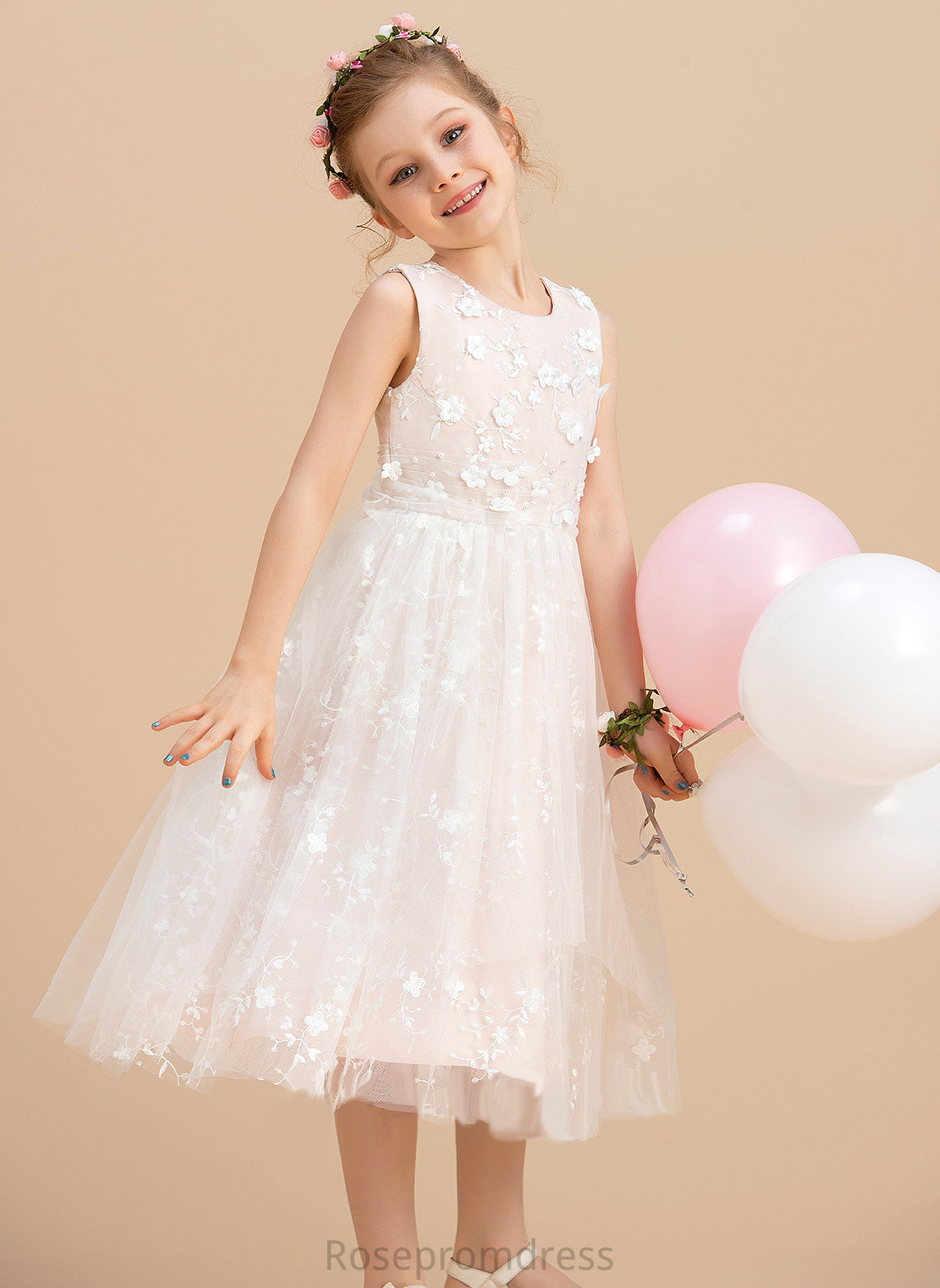 Tea-length A-Line - Girl With Neck Beading/Flower(s) Dress Sleeveless Tulle/Lace Flower Girl Dresses Alannah Scoop Flower