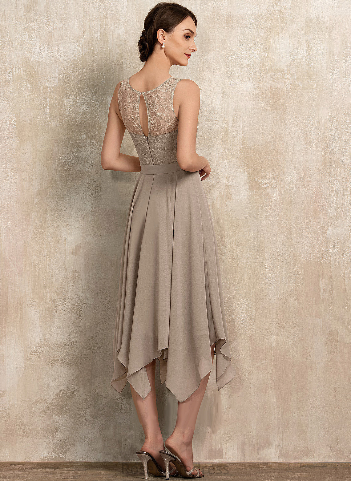 Bow(s) the Bride Chiffon Mother Jocelyn Mother of the Bride Dresses Tea-Length Neck of With Lace Scoop A-Line Dress