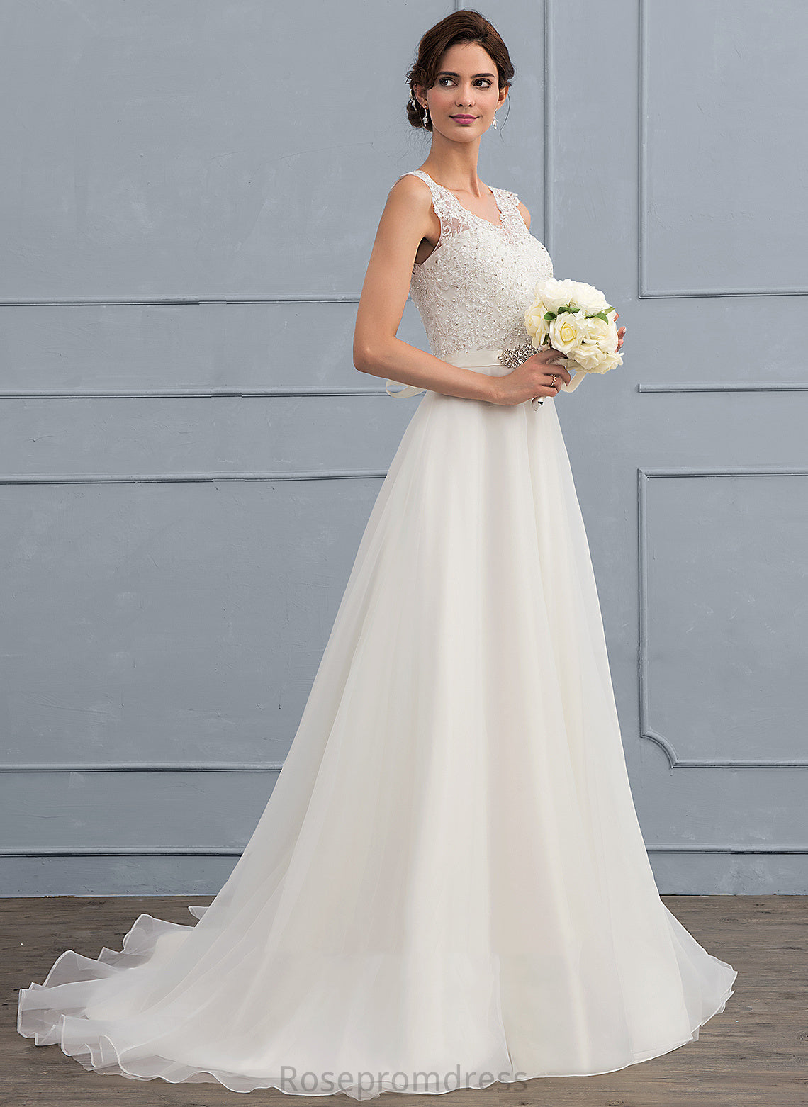 Wedding Dresses Allison A-Line Dress Sweep Beading Organza Lace With Bow(s) Wedding V-neck Train