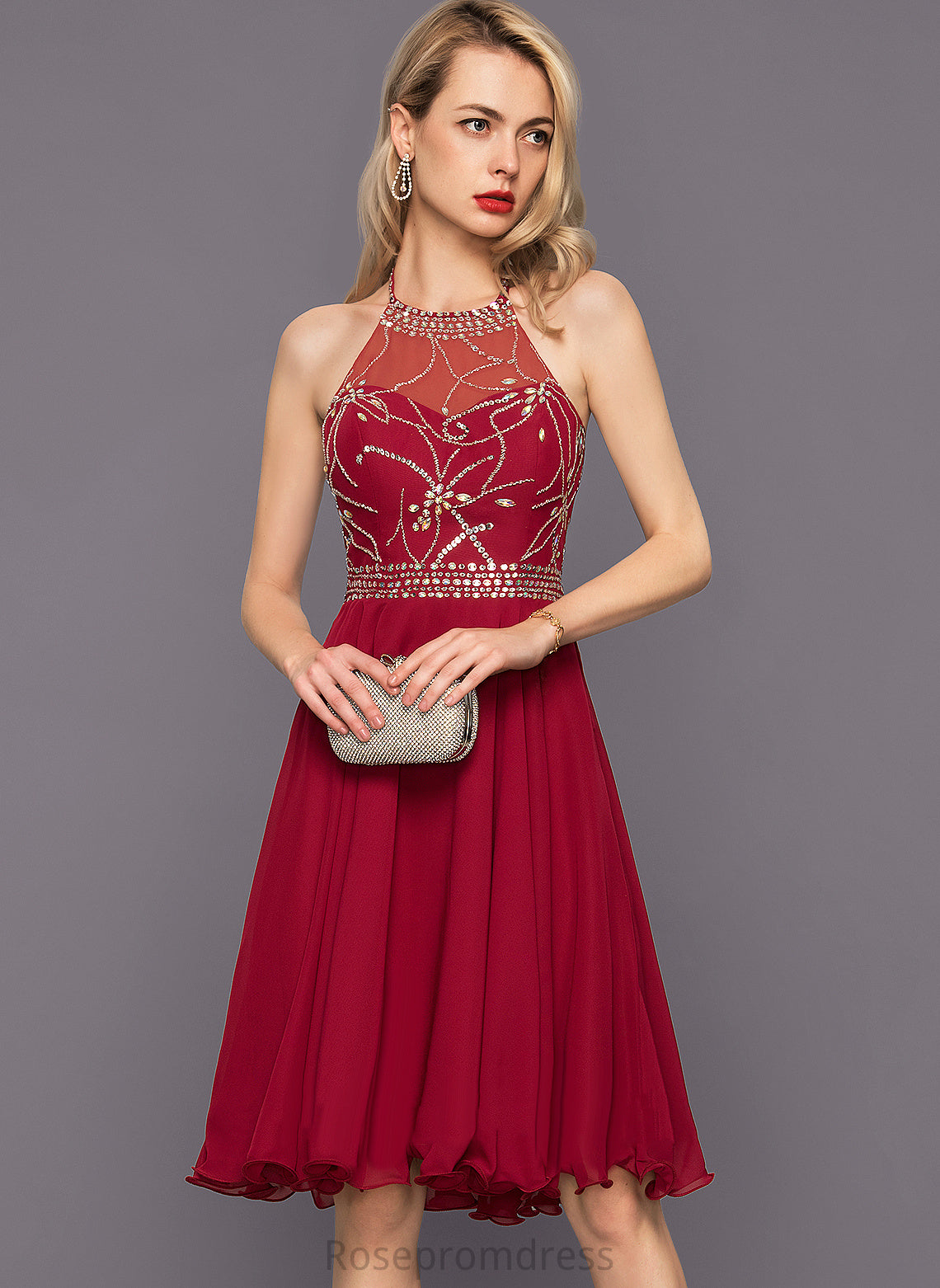 Cocktail Chiffon A-Line With Dress Beading Halter Sequins Cocktail Dresses Emily Knee-Length