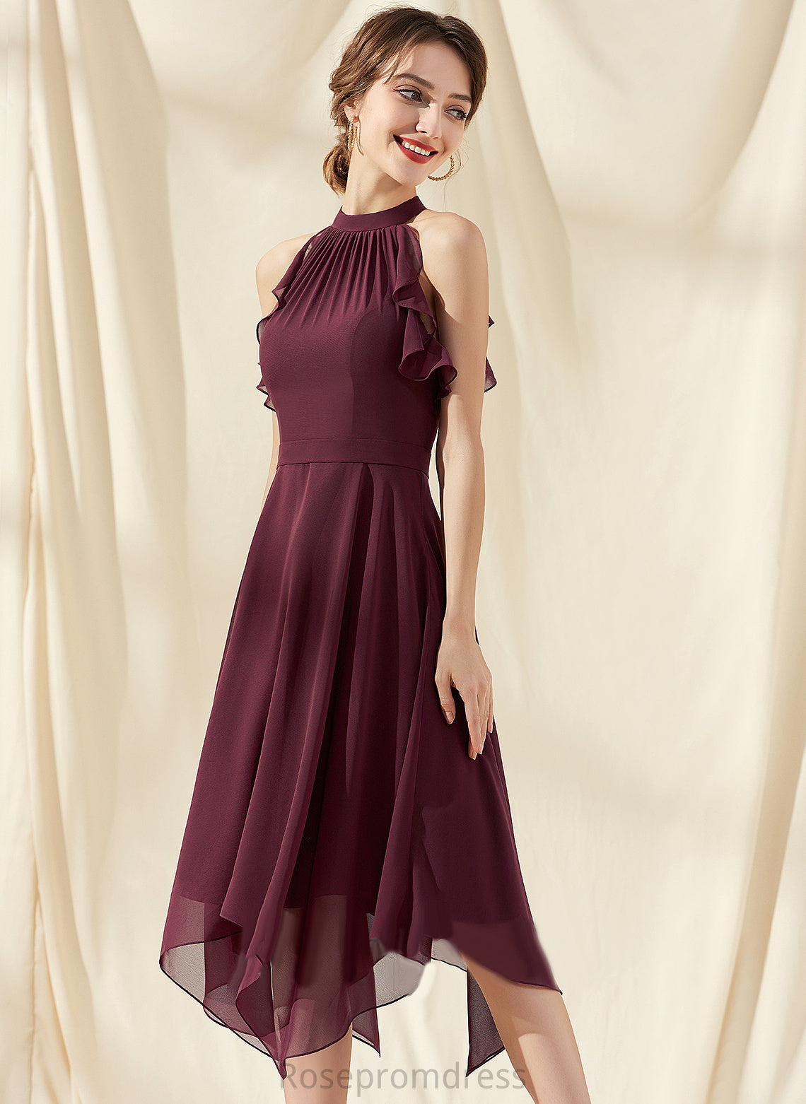 Tea-Length With Talia Dress Cocktail Dresses Chiffon Cascading Neck A-Line Cocktail Ruffles Scoop