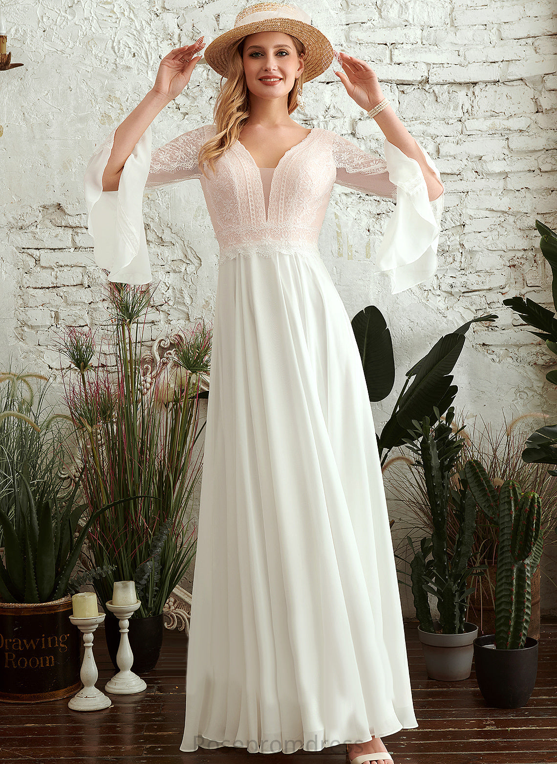 Floor-Length Wedding Lace Dress A-Line Lucile V-neck Chiffon Wedding Dresses