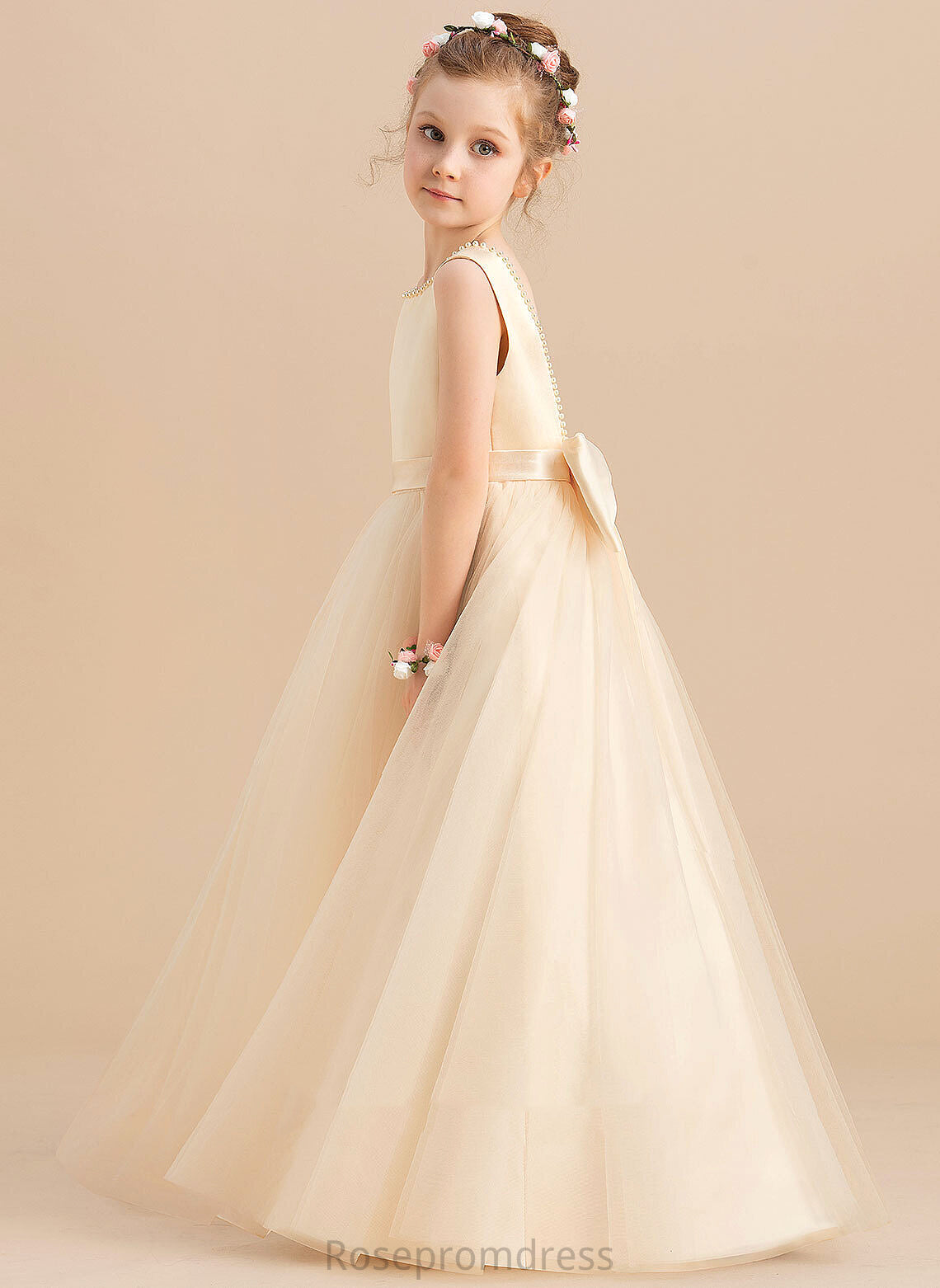 Flower Girl Dresses Sleeveless Satin/Tulle Girl With Floor-length Lilia Beading/Bow(s) Scoop - Ball-Gown/Princess Neck Dress Flower