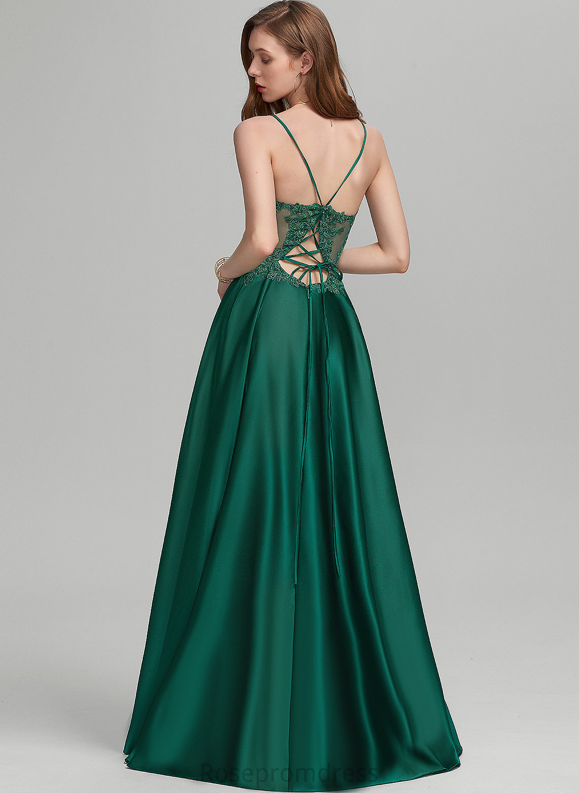 Prom Dresses Floor-Length A-Line Eve V-neck Satin Lace