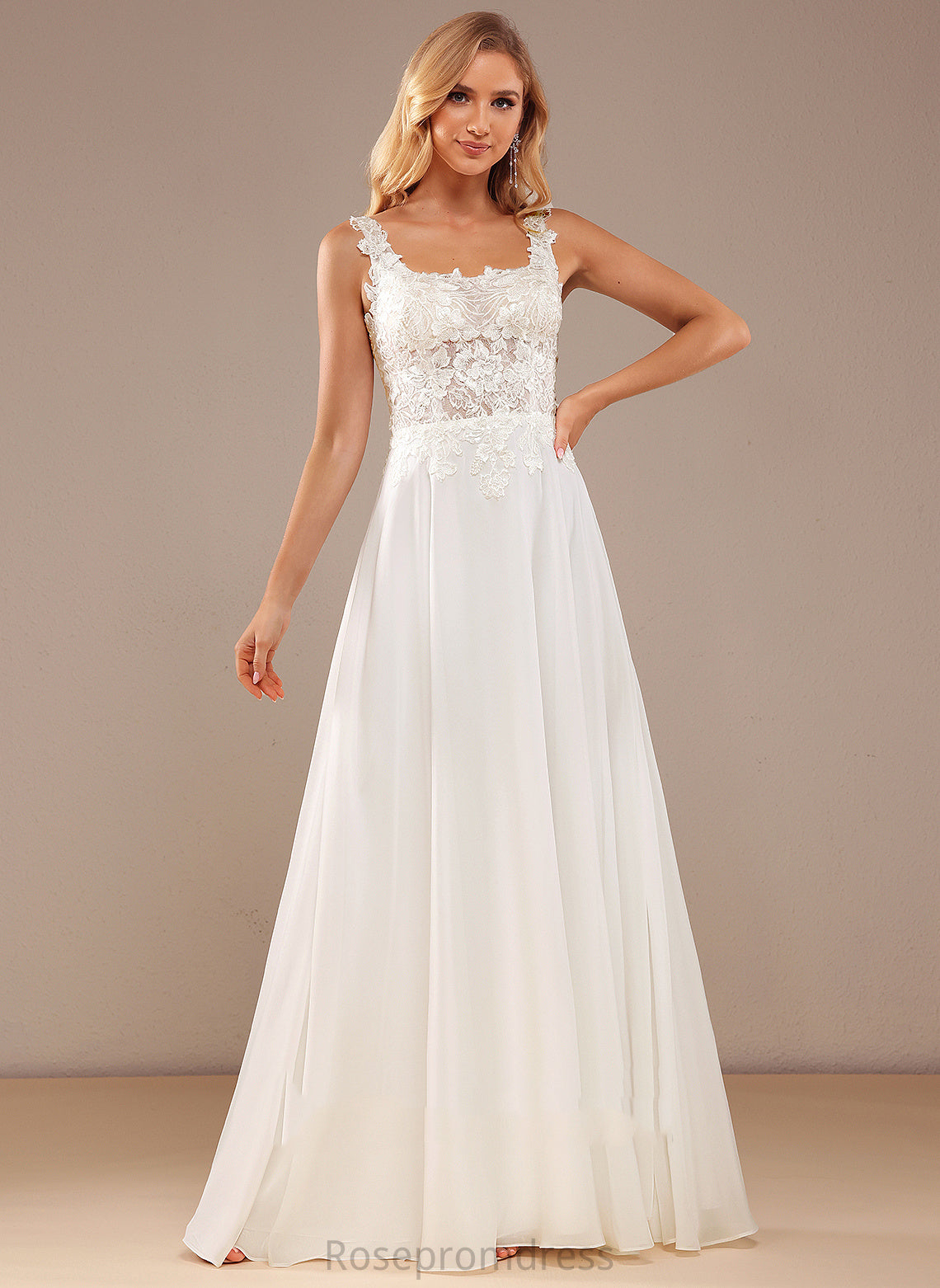 Wedding Lorelai Wedding Dresses Sequins Lace Dress Lace Chiffon Neckline A-Line Floor-Length Square With