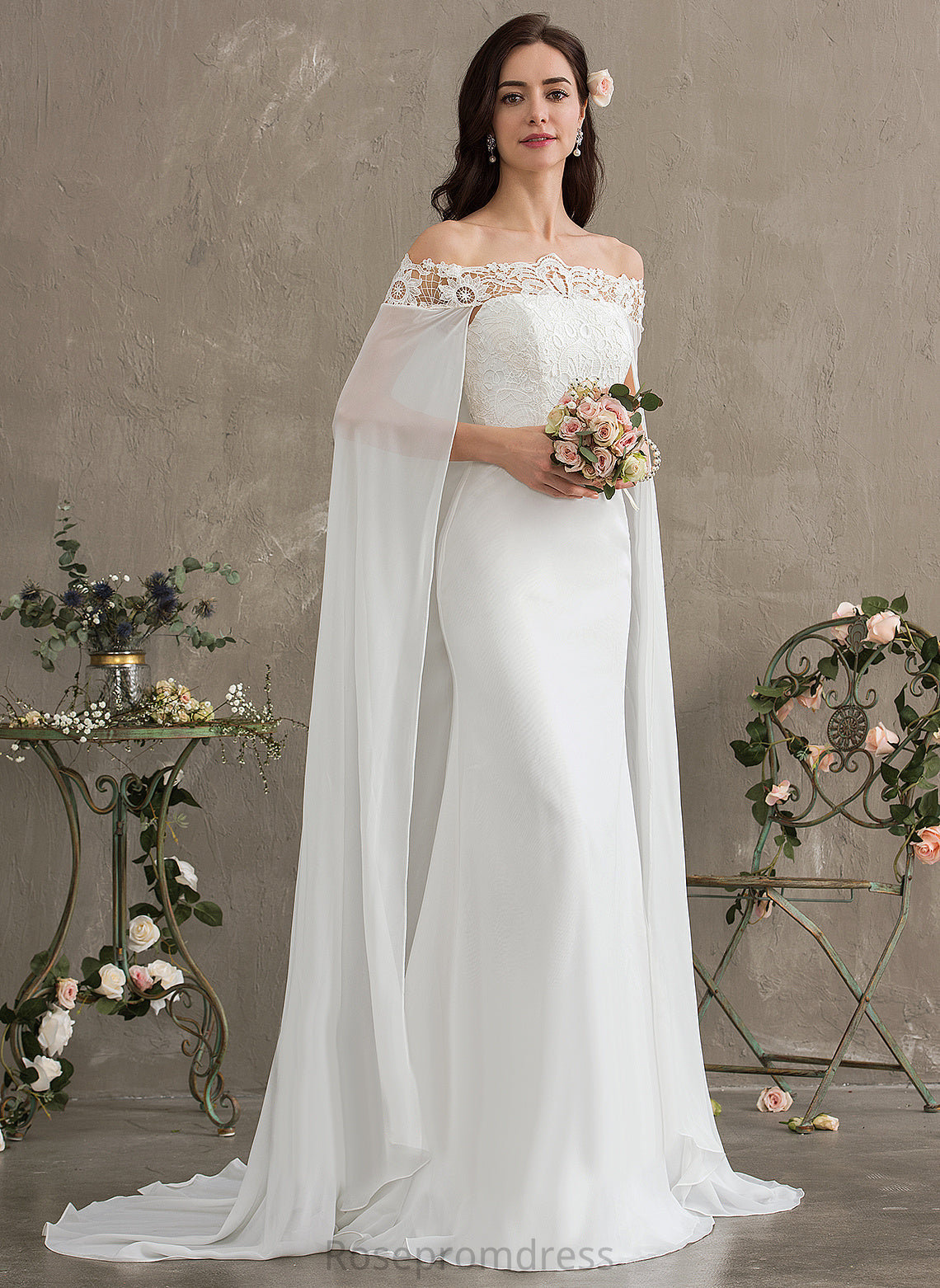 Dress Wedding Dresses Train Off-the-Shoulder Lace With Lace Wedding Court Val Sheath/Column Chiffon