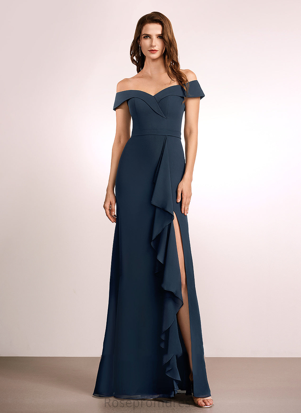 Embellishment Ruffle Floor-Length Neckline Fabric Length Off-the-Shoulder A-Line Silhouette Martha A-Line/Princess Sleeveless Bridesmaid Dresses