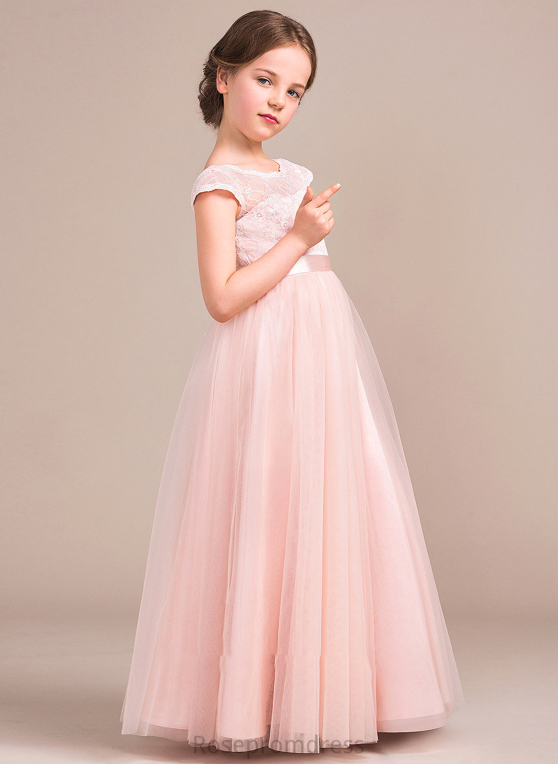 Junior Bridesmaid Dresses Scoop Neck Lace Bow(s) With Iyana A-Line Tulle Floor-Length