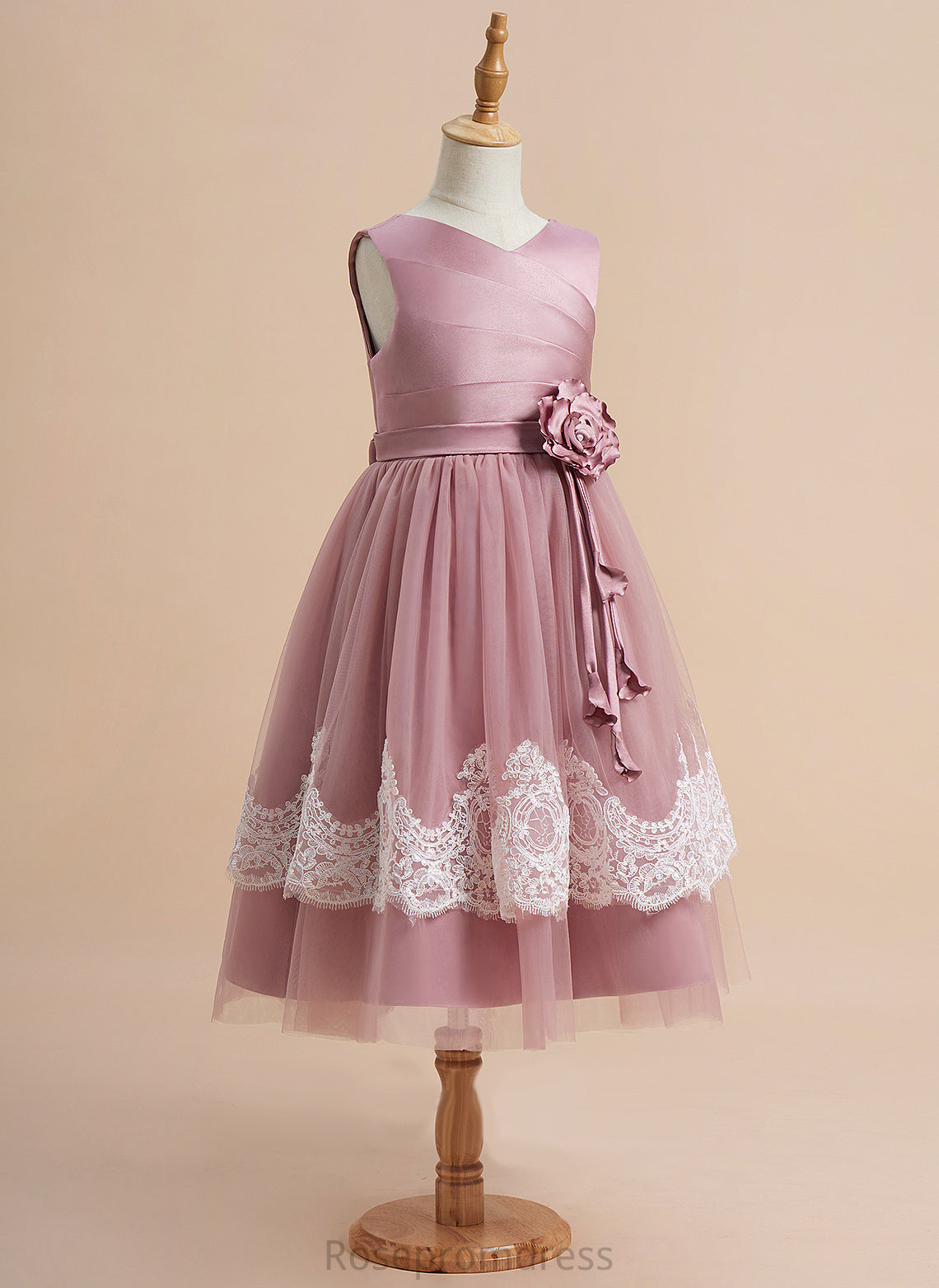 Knee-length V-neck Flower - Clare Satin/Tulle Dress With Sleeveless Back Flower Girl Dresses Lace/Flower(s)/Bow(s)/Pleated/V A-Line Girl