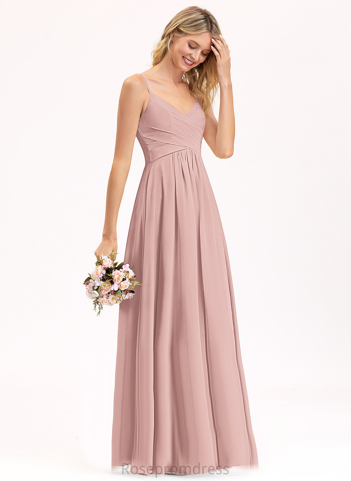 Embellishment Length Silhouette Floor-Length Fabric A-Line Pleated V-neck Neckline Ayanna Sleeveless A-Line/Princess Bridesmaid Dresses