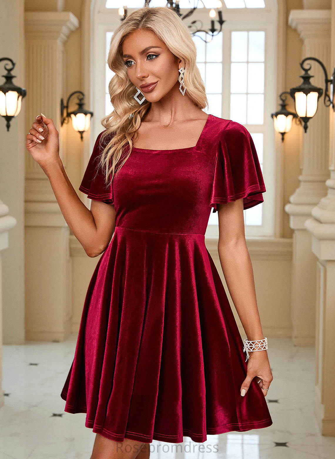 Velvet Mini Sleeves Short A-line Elegant Dresses Selah Club Dresses Neck Square