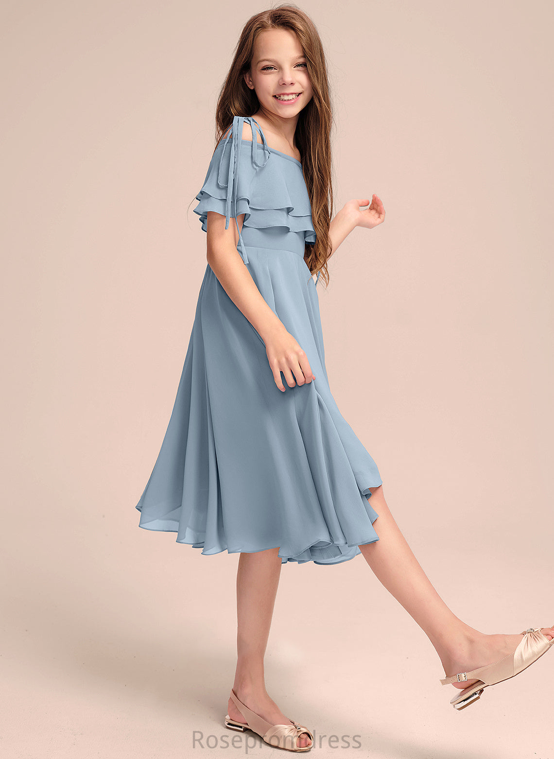 Off-the-Shoulder A-Line Asymmetrical Ruffles Junior Bridesmaid Dresses Chiffon Cascading With Katrina