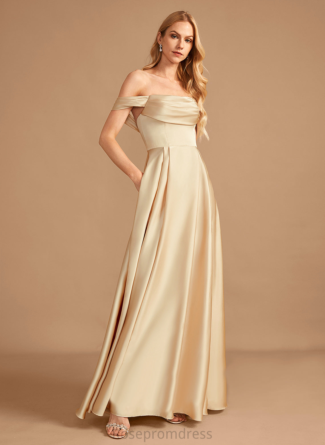 Pockets Silhouette Fabric A-Line Length Embellishment Floor-Length SplitFront Off-the-Shoulder Neckline Danika Bridesmaid Dresses