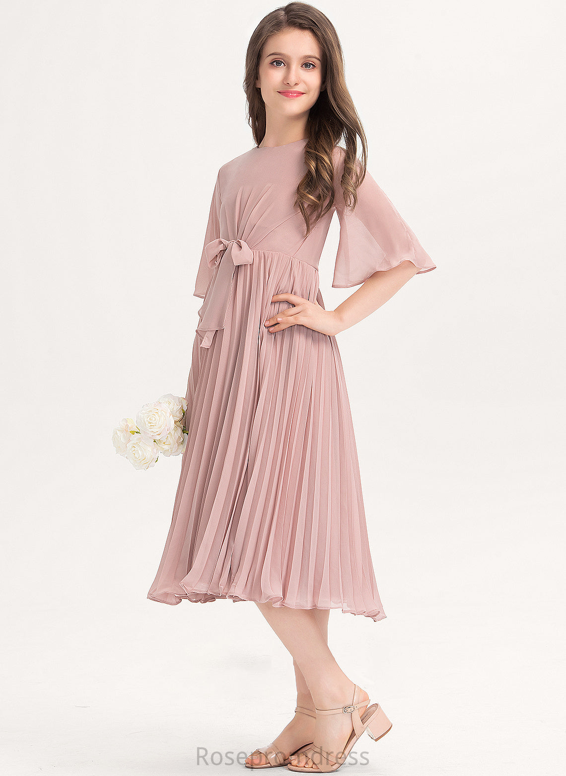 Scoop Bow(s) Knee-Length Chiffon Pleated Stacy With Junior Bridesmaid Dresses A-Line Neck