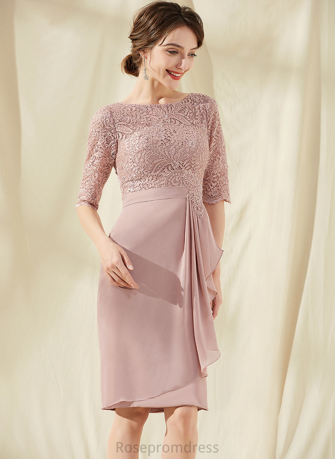 Knee-Length Ruffles Cascading With Neck Chiffon Cocktail Dresses Sheath/Column Scoop Lace Cocktail Abigayle Dress Beading