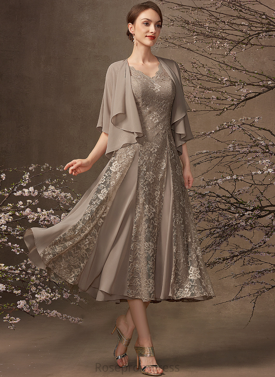 Chiffon A-Line Lace Mother Lilly the Dress of Bride Tea-Length V-neck Mother of the Bride Dresses