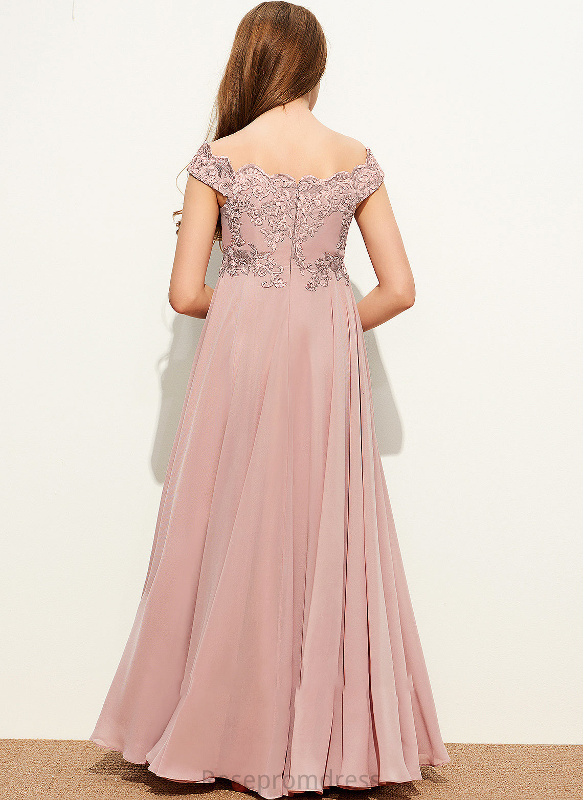 Cristal A-Line Floor-Length Chiffon Lace Off-the-Shoulder Junior Bridesmaid Dresses