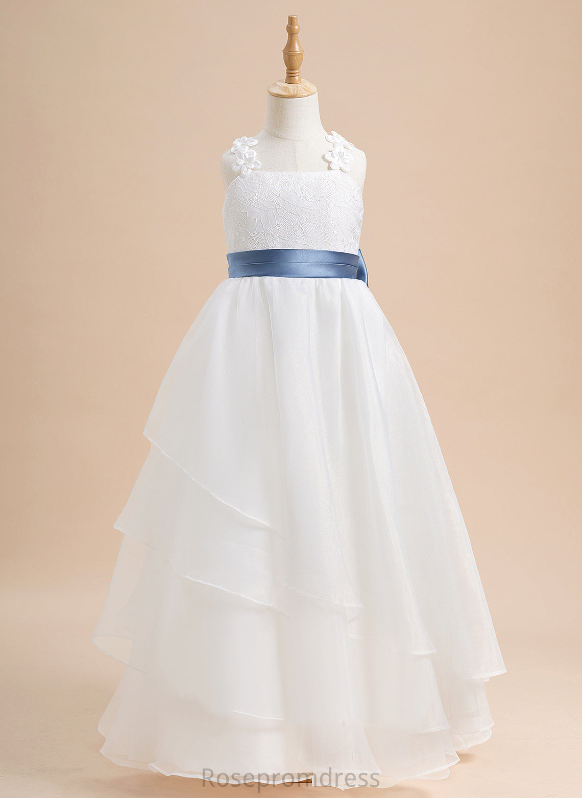 Square Ball-Gown/Princess Organza Girl Lace/Sash/Beading/Flower(s)/Bow(s) Neckline Floor-length With Flower Girl Dresses Toni Sleeveless Flower Dress -