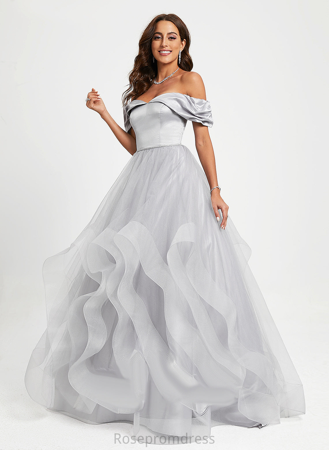 Izabelle Train Tulle Off-the-Shoulder Ball-Gown/Princess Satin Prom Dresses Sweep