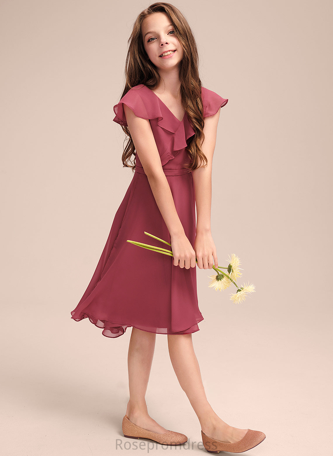 Chiffon Junior Bridesmaid Dresses Ruffles V-neck A-Line Cascading With Asymmetrical Jessica