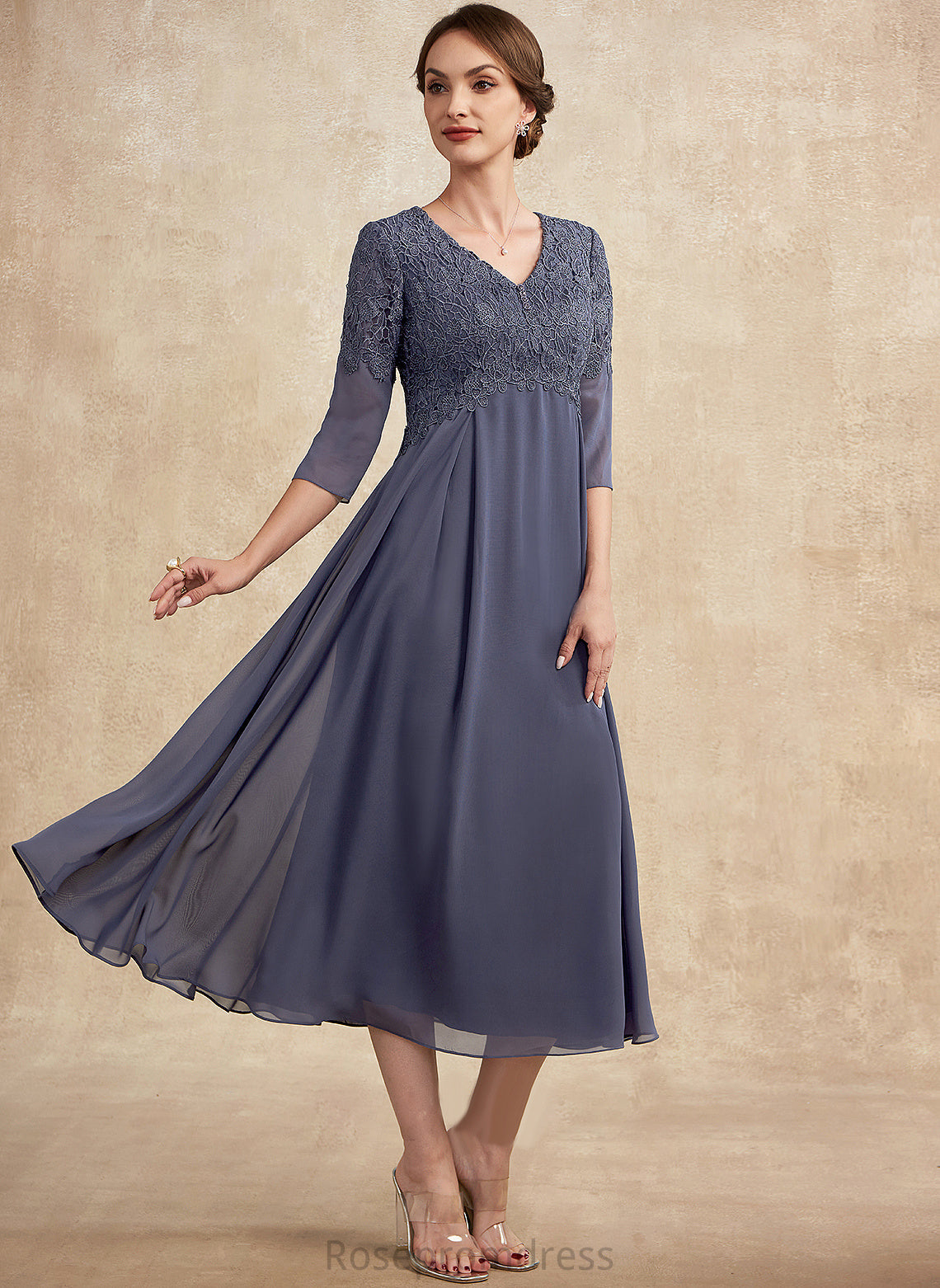 A-Line Mother With Mother of the Bride Dresses Lace V-neck Bride Julianna Tea-Length of Dress Beading Chiffon the