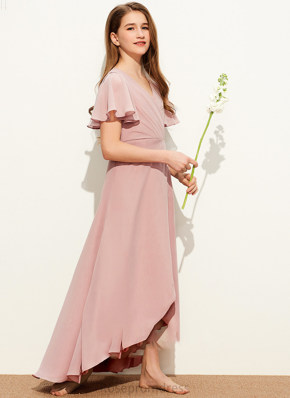 Asymmetrical A-Line Ruffle Junior Bridesmaid Dresses V-neck With Chiffon Annika