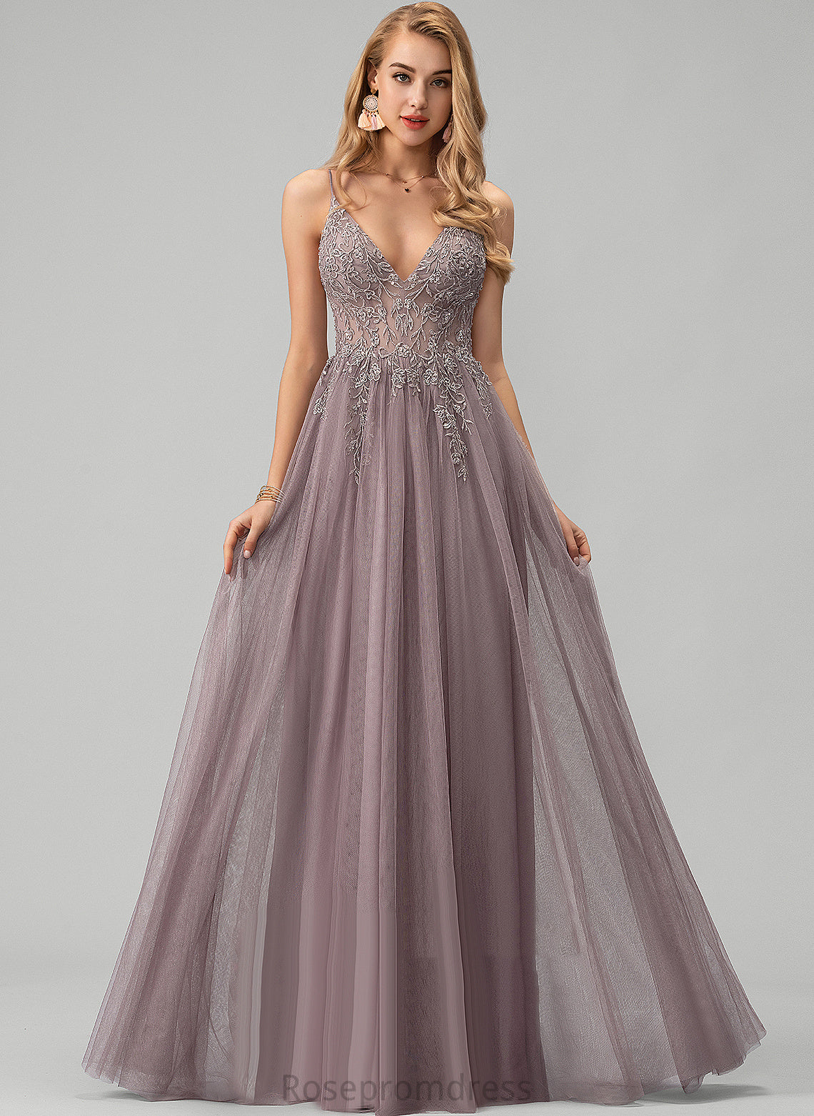 With Prom Dresses V-neck Beading A-Line Floor-Length Tulle Sequins Lace Hallie