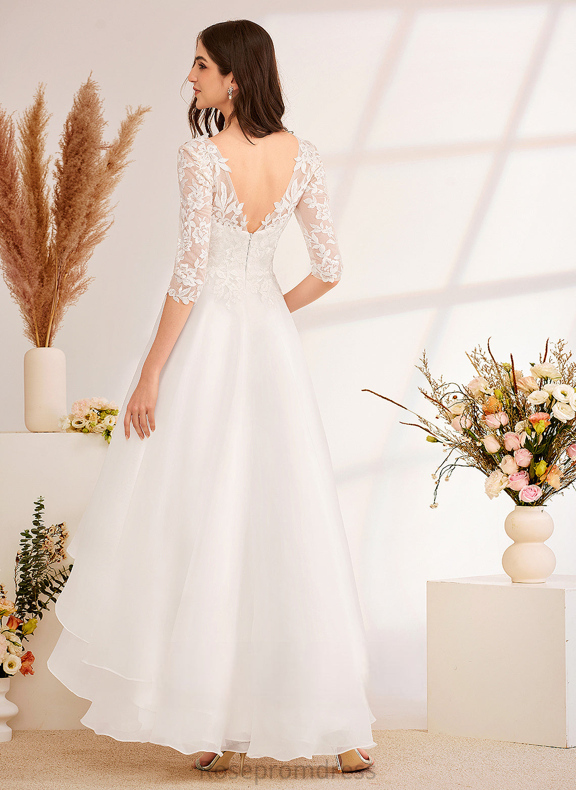 Lizeth Lace Dress Wedding Dresses Sequins Asymmetrical With Beading Tulle Wedding V-neck A-Line