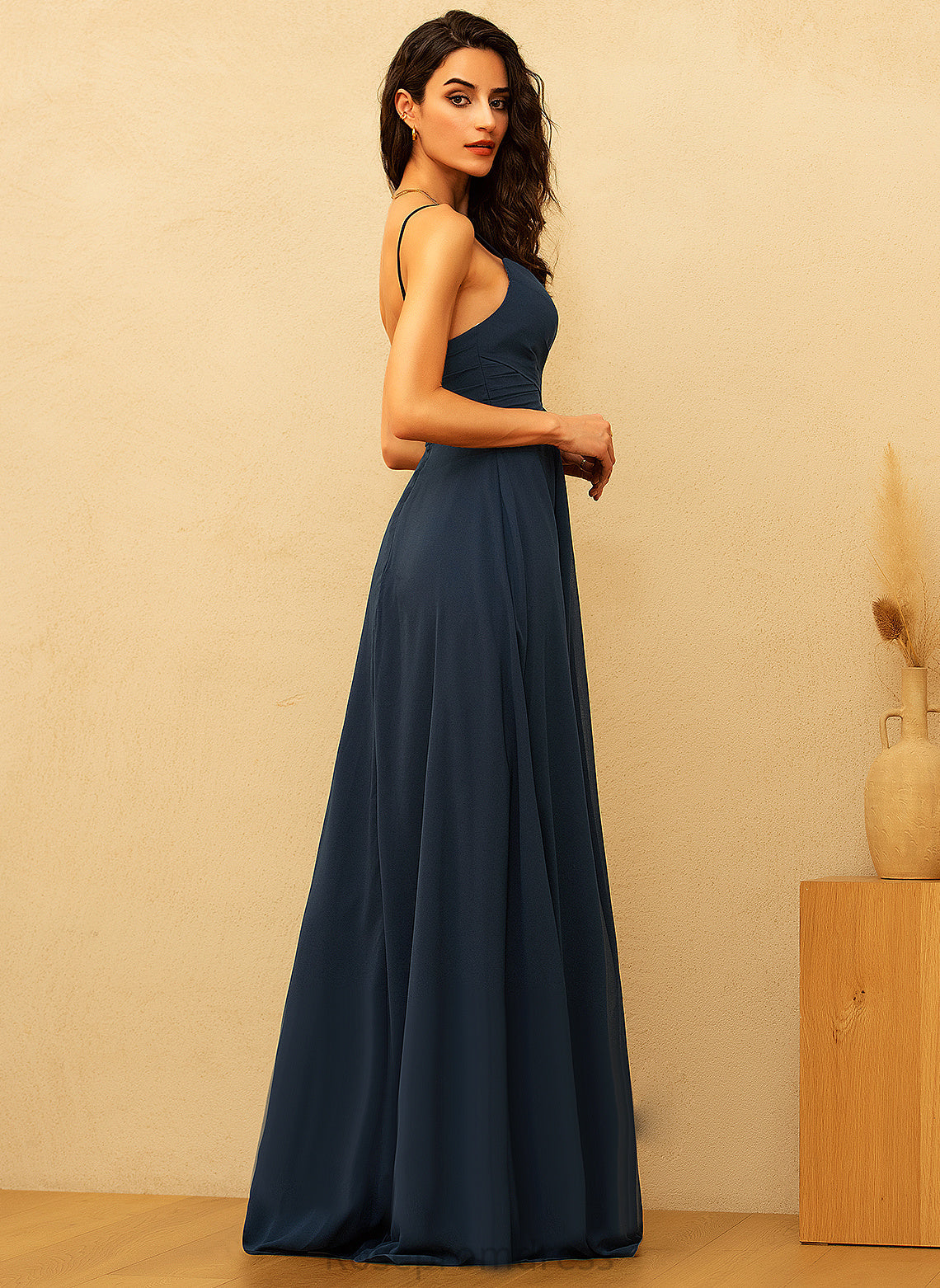 Floor-Length A-Line Lizeth Pleated Chiffon With V-neck Prom Dresses