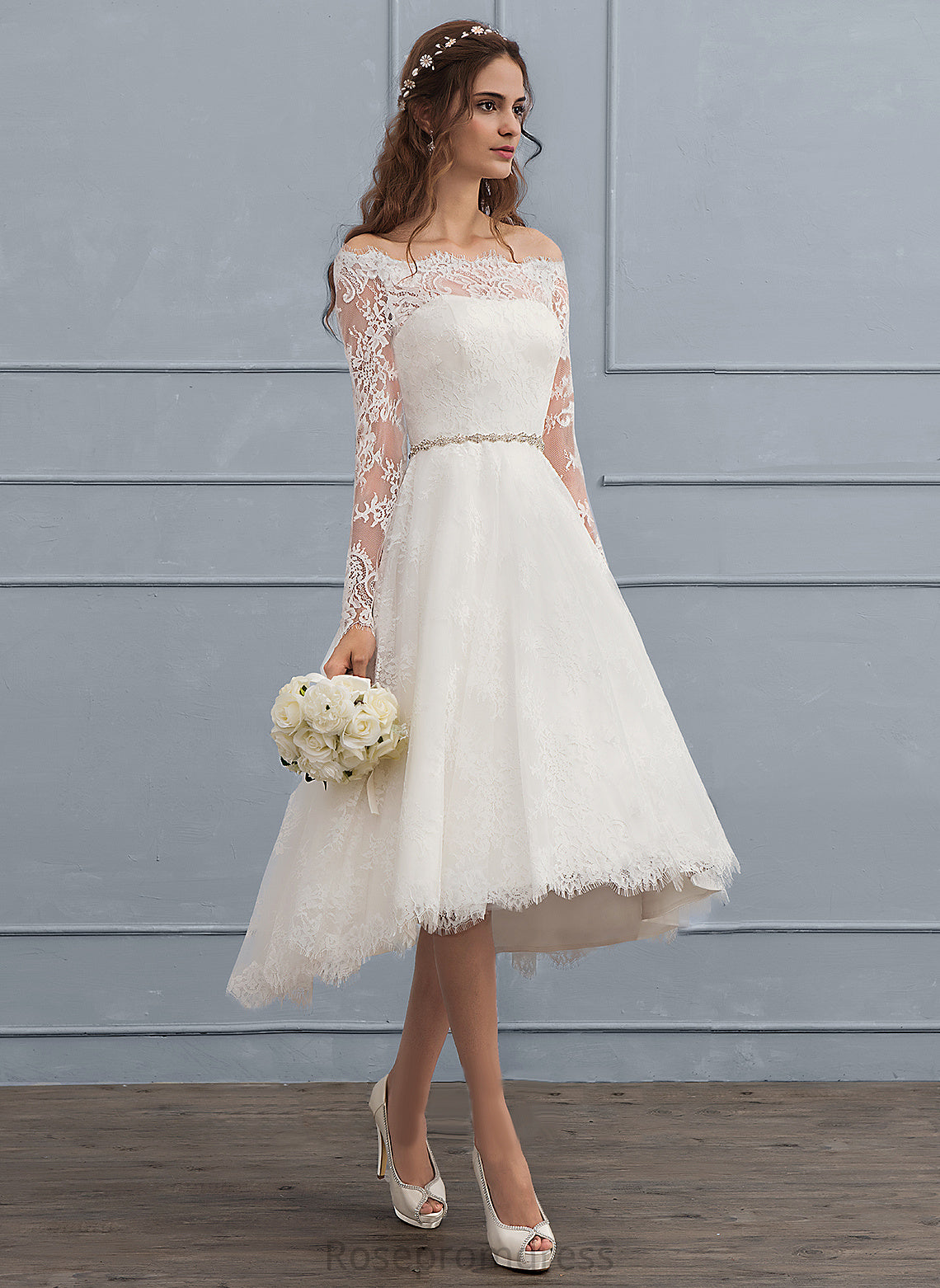 A-Line Off-the-Shoulder Ali Wedding Lace Asymmetrical Dress Beading With Wedding Dresses