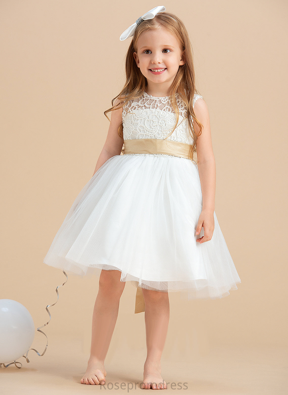 Dress Satin/Tulle/Lace Sash/Bow(s)/Back Knee-length Hole With Sleeveless Flower Girl Dresses Flower A-Line Neck Girl - Setlla Scoop