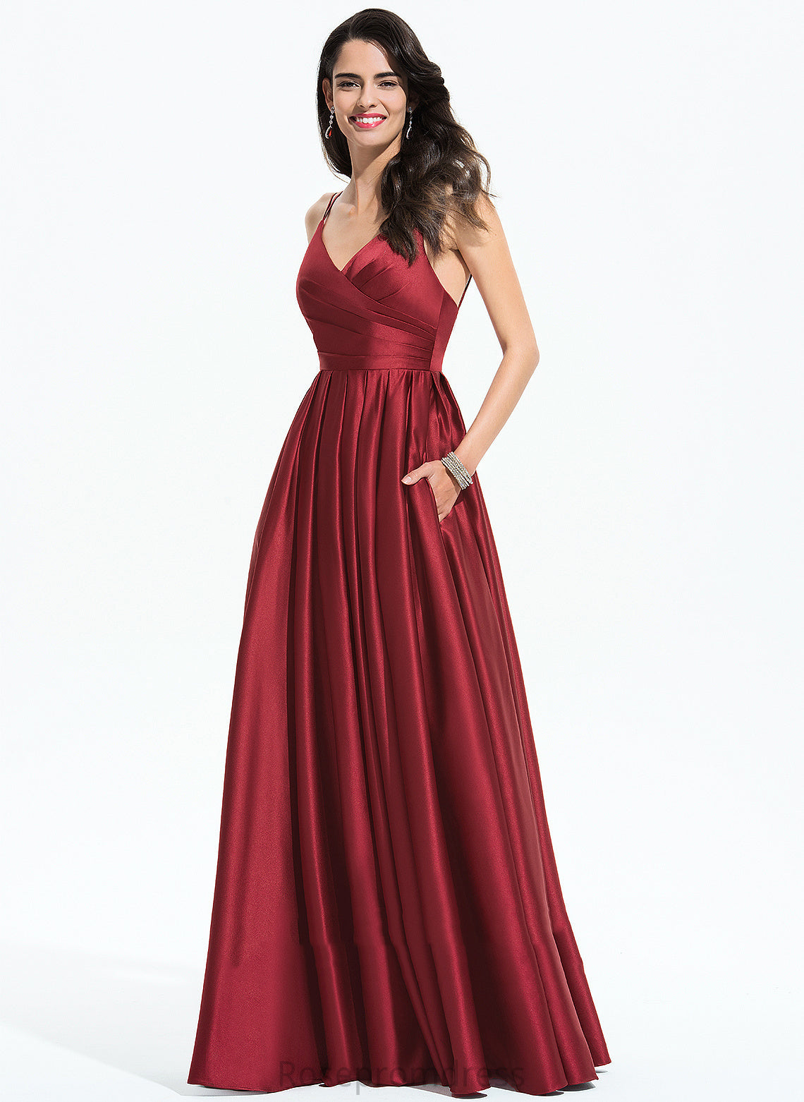 V-neck Pleated Satin Hillary Floor-Length With A-Line Prom Dresses