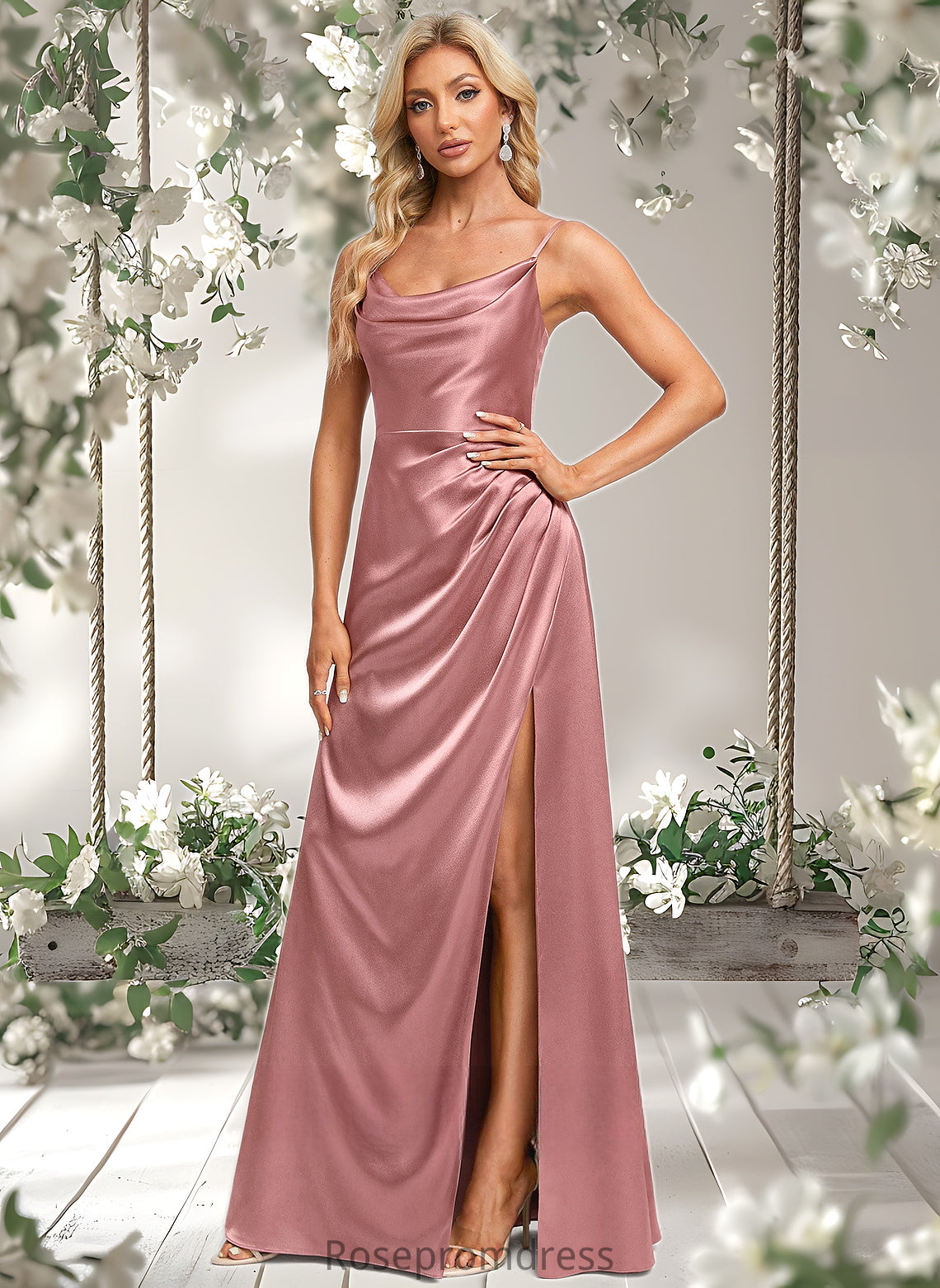 Jewel A-line Cowl Floor-Length Stretch Satin Prom Dresses DSP0025881