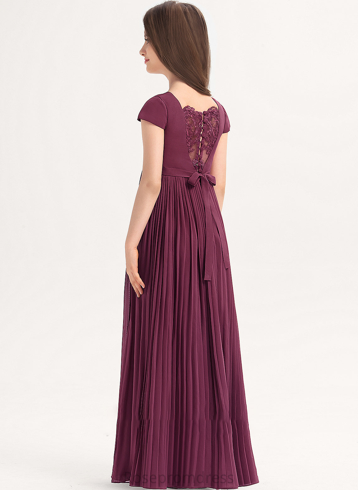 Junior Bridesmaid Dresses Winnie With Chiffon Pleated Floor-Length Square Bow(s) Lace A-Line Neckline