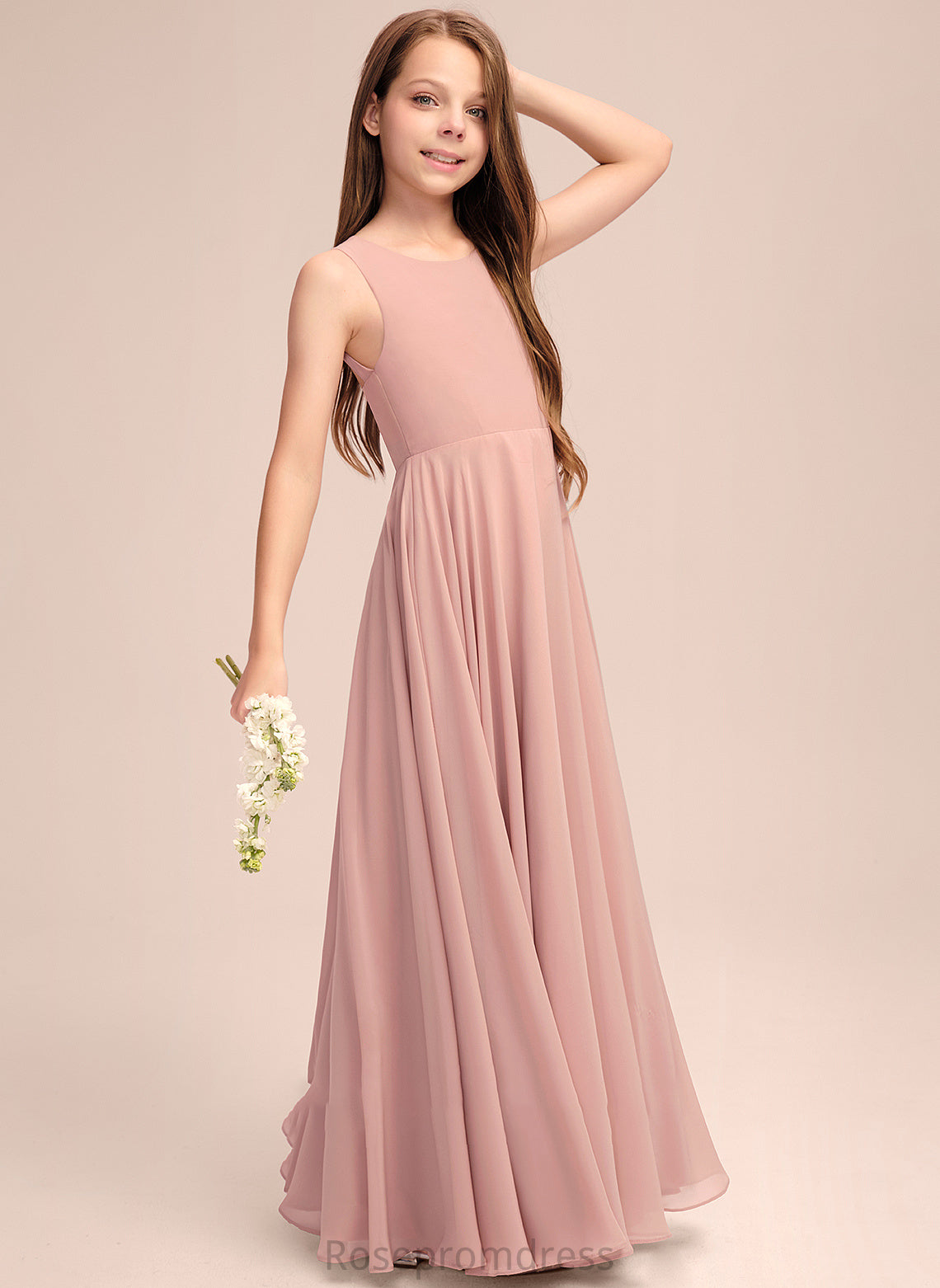 Silvia A-Line With Floor-Length Junior Bridesmaid Dresses Scoop Chiffon Bow(s) Neck