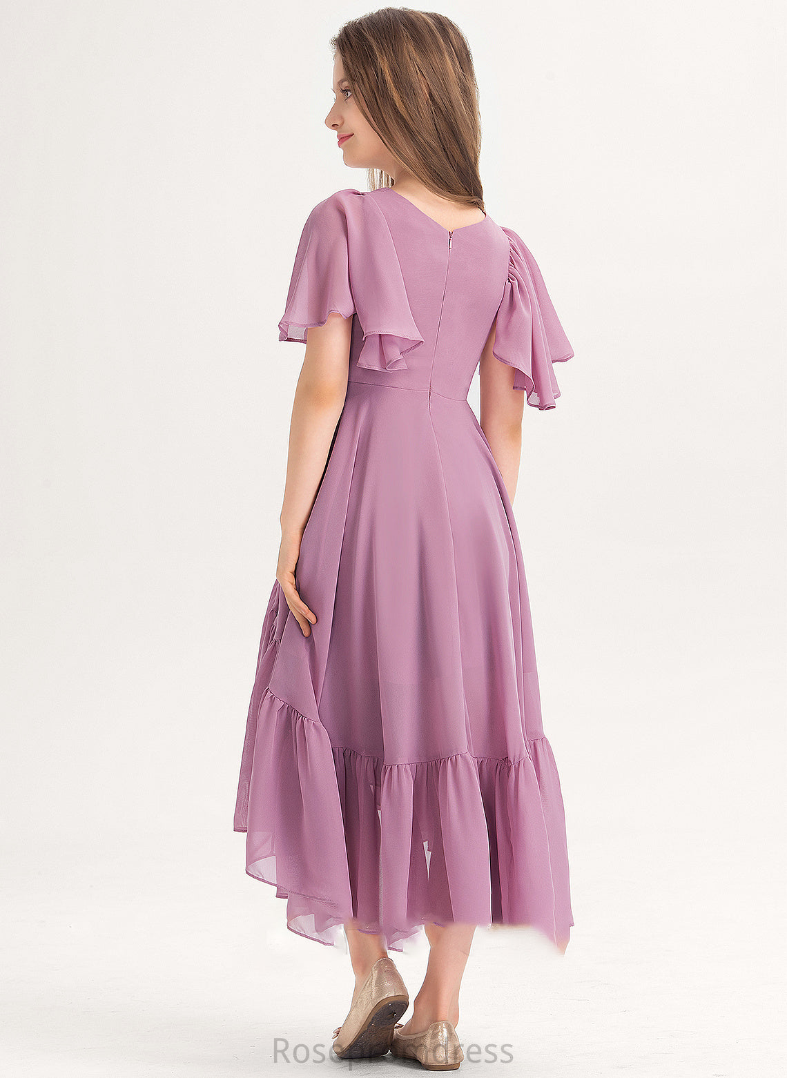 Cascading Asymmetrical Prudence Ruffles With Junior Bridesmaid Dresses Chiffon V-neck A-Line