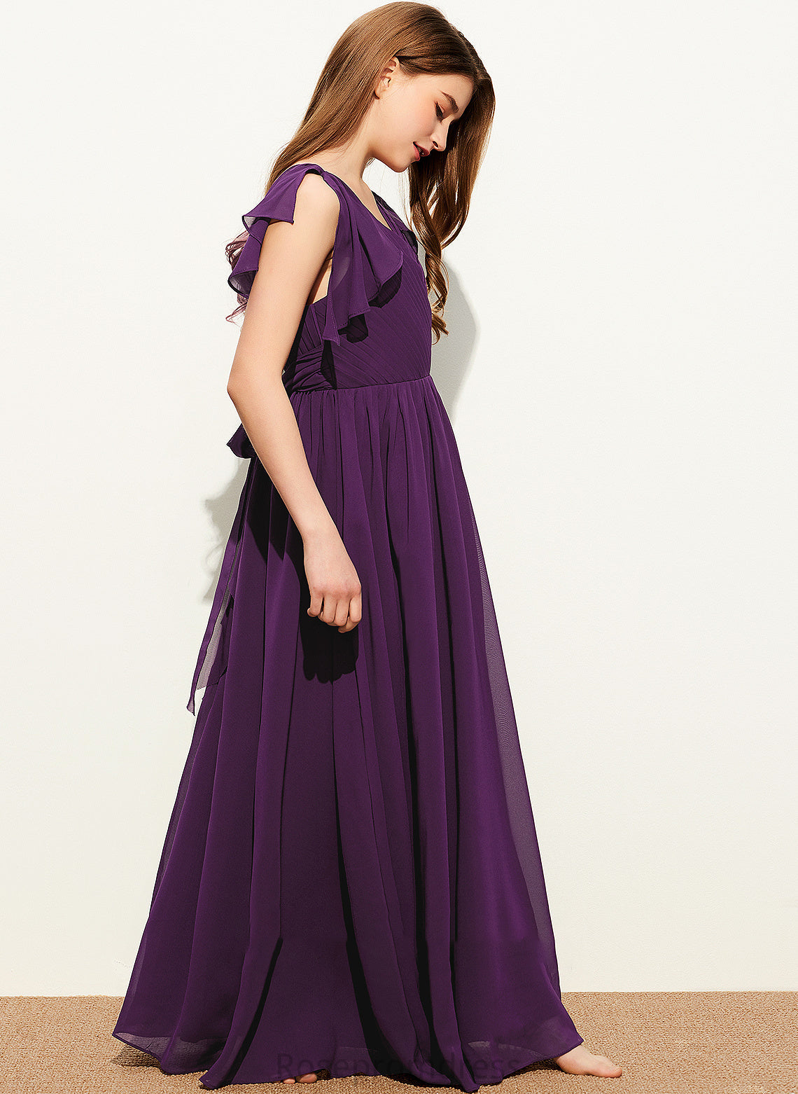 Floor-Length Junior Bridesmaid Dresses Bow(s) A-Line Ruffles Chiffon With V-neck Rosa Cascading