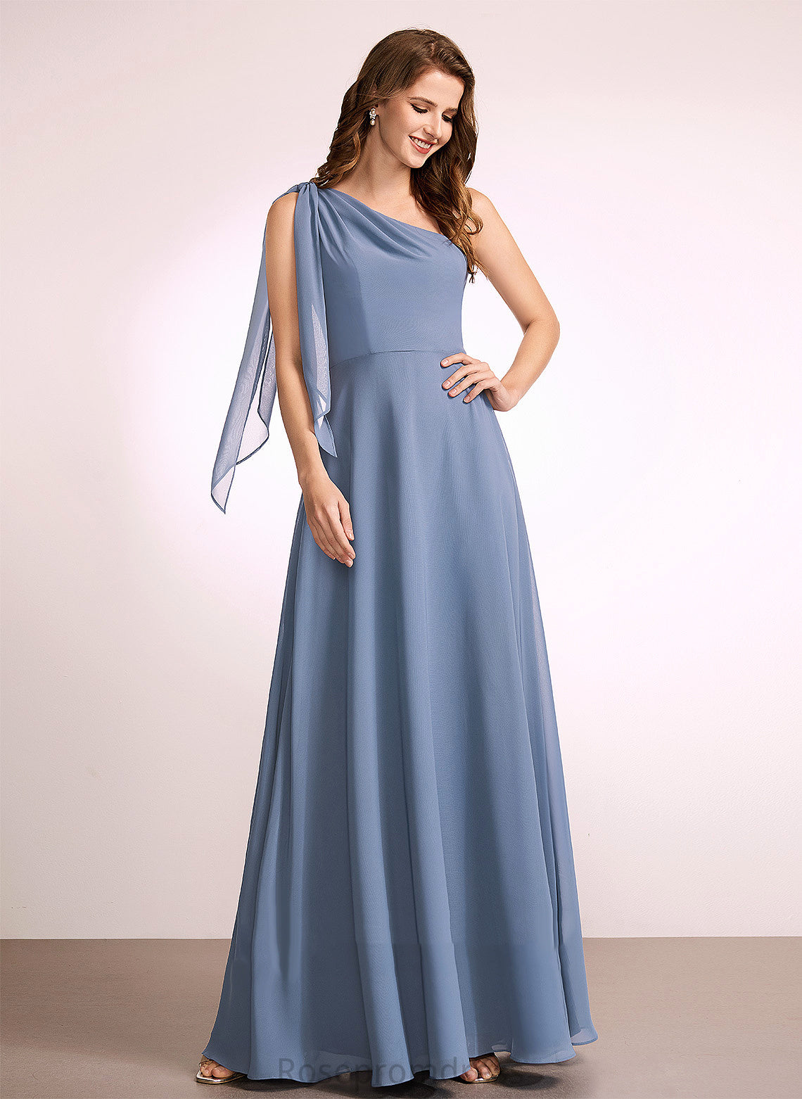 Fabric Silhouette Embellishment Bow(s) Floor-Length One-Shoulder A-Line Length Neckline Salome Natural Waist V-Neck Bridesmaid Dresses