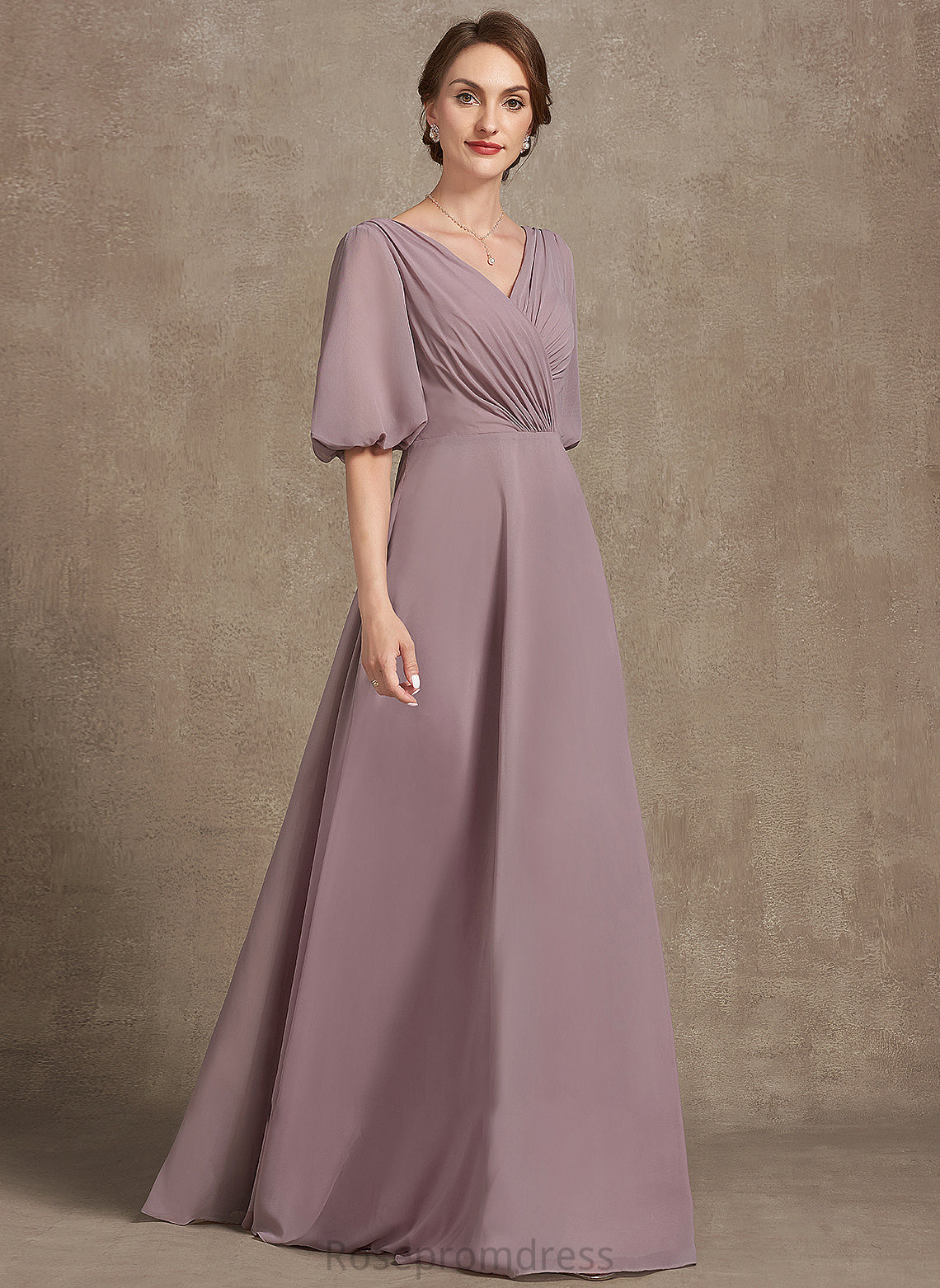 Floor-Length Mother Dress the of Ruffle A-Line V-neck Bride Chiffon Mother of the Bride Dresses With Emely