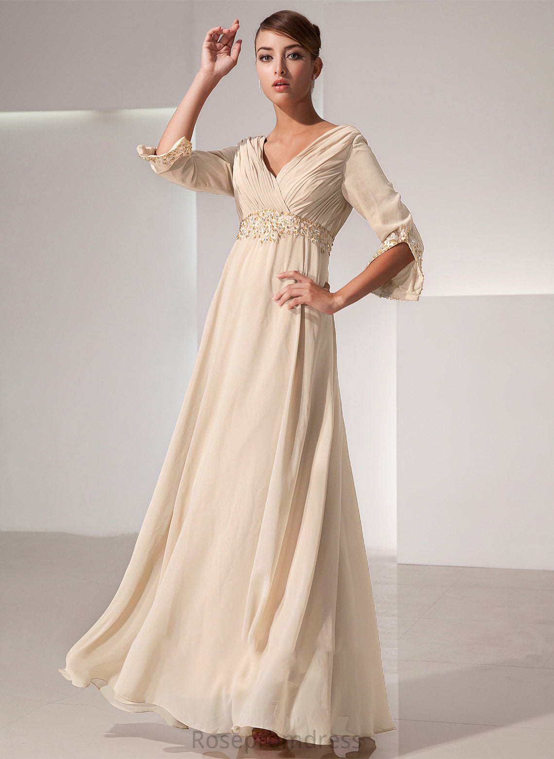 the Floor-Length Beading Chiffon Empire Bride V-neck Mother Dress Ruffle of With Anahi Mother of the Bride Dresses