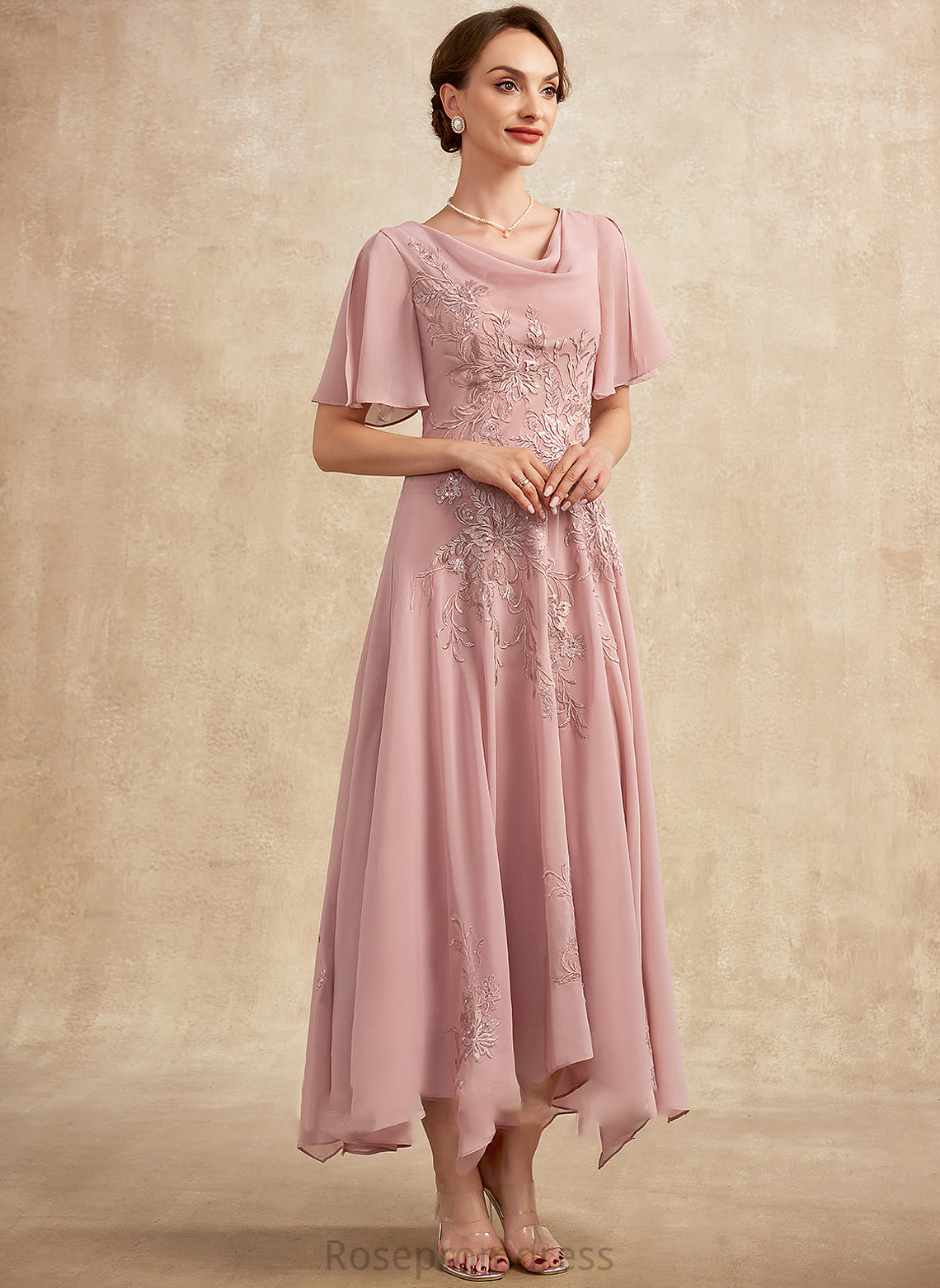 A-Line Amya Neck Bride Ankle-Length the Mother of the Bride Dresses of Lace Chiffon Mother Dress Cowl