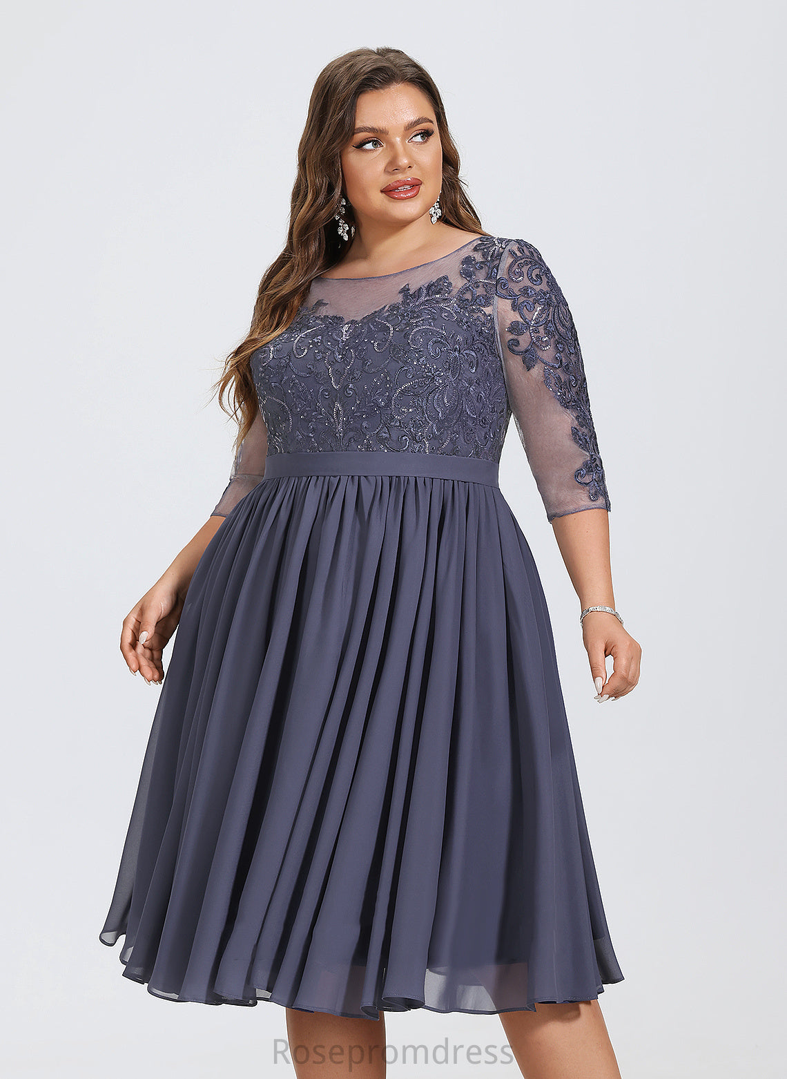 A-Line Dress Cocktail Neck Lace Cocktail Dresses With Sequins Gemma Scoop Knee-Length Chiffon