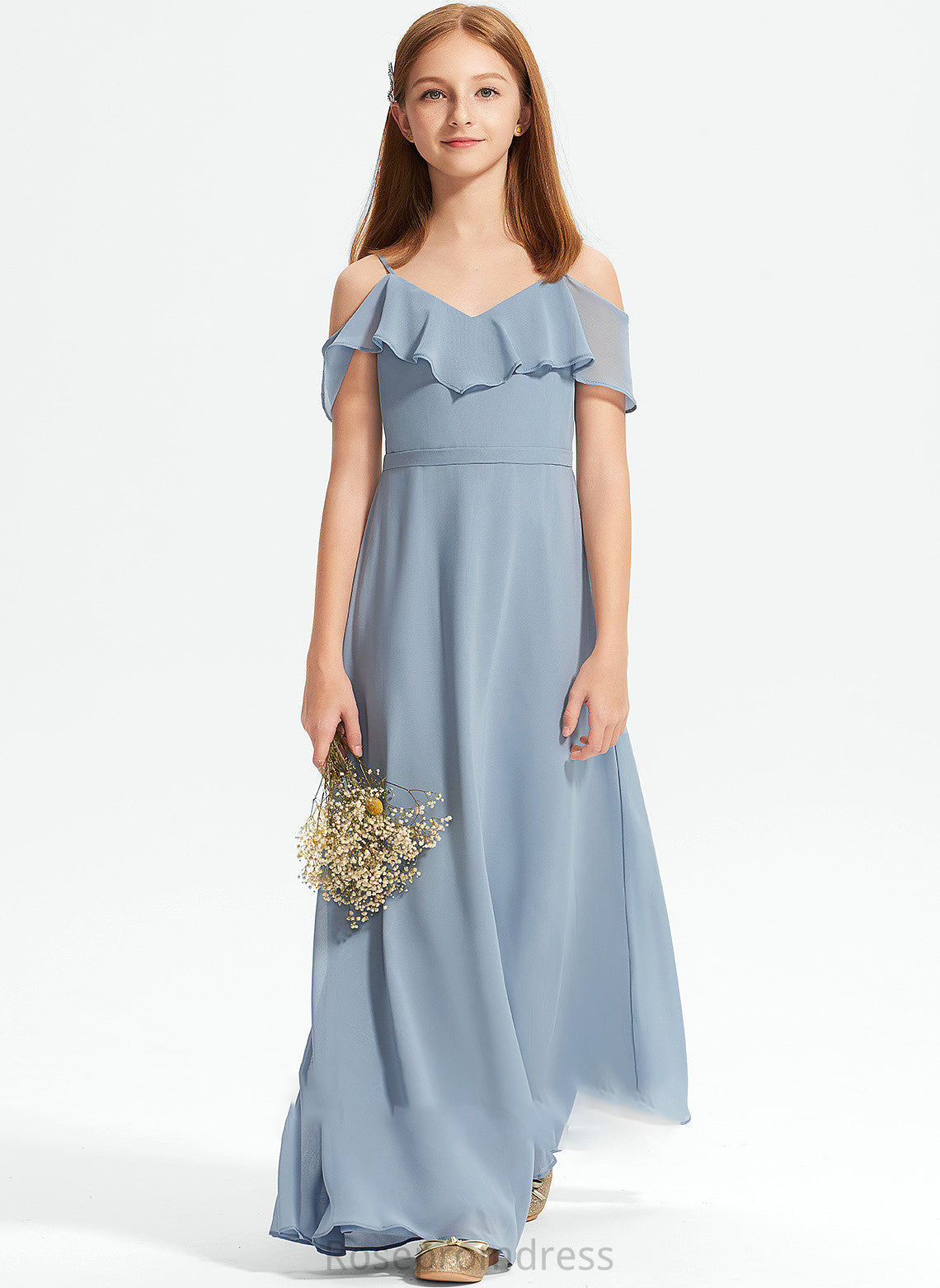 Off-the-Shoulder Ellie A-Line Junior Bridesmaid Dresses Chiffon With Floor-Length Ruffles