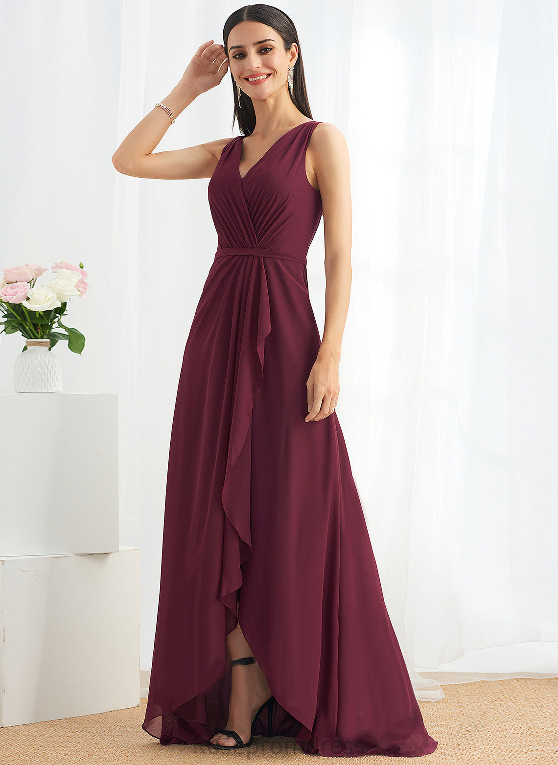 V-Neck A-line Neckline Silhouette Length Asymmetrical Fabric Straps&Sleeves Charlize Sleeveless Floor Length A-Line/Princess Bridesmaid Dresses