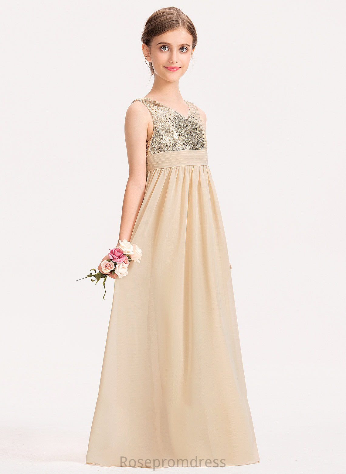 Sequined Chiffon Meg Junior Bridesmaid Dresses V-neck A-Line With Ruffle Floor-Length