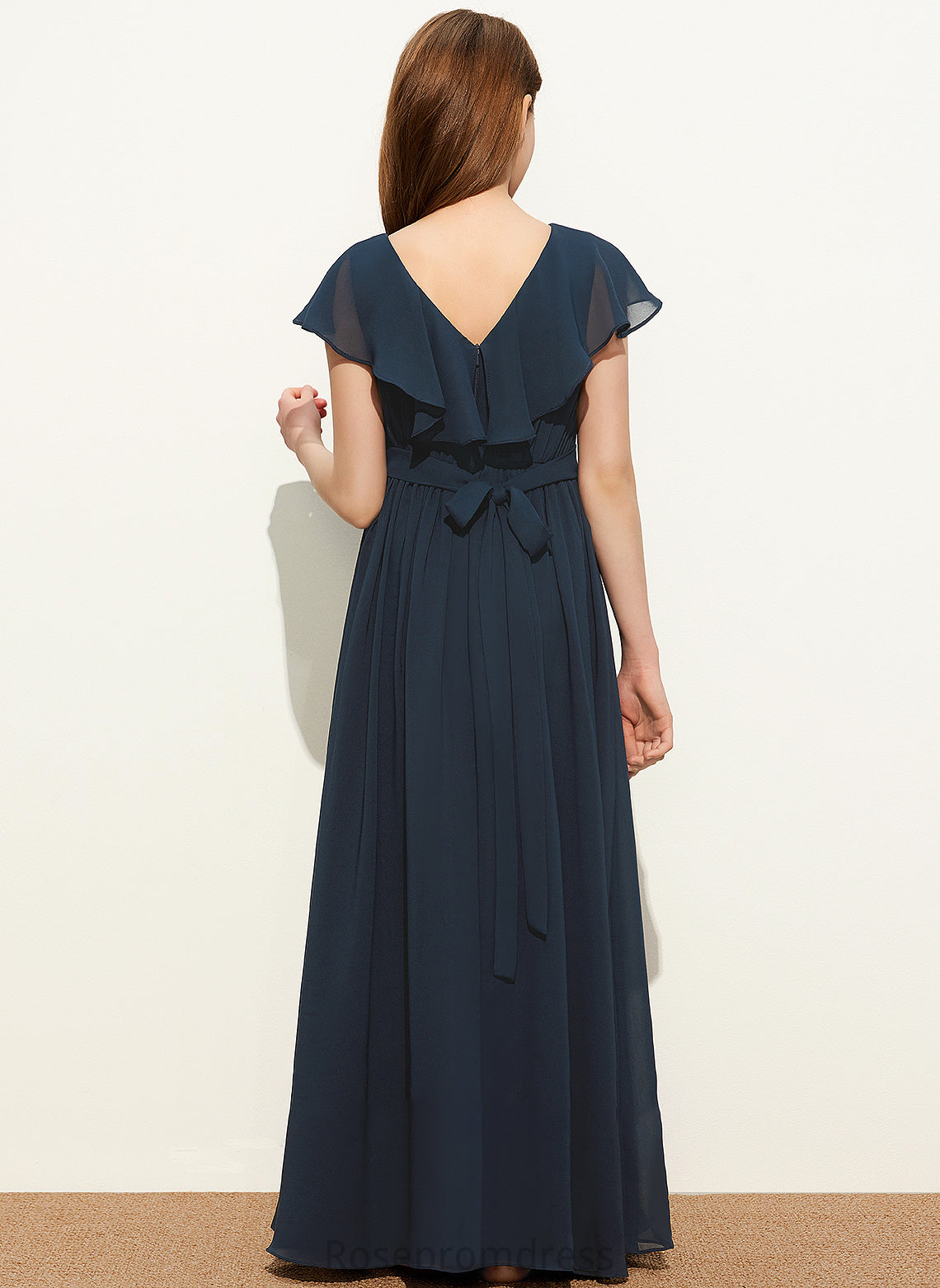 Chloe Junior Bridesmaid Dresses Cascading Floor-Length Bow(s) Ruffles A-Line With V-neck Chiffon