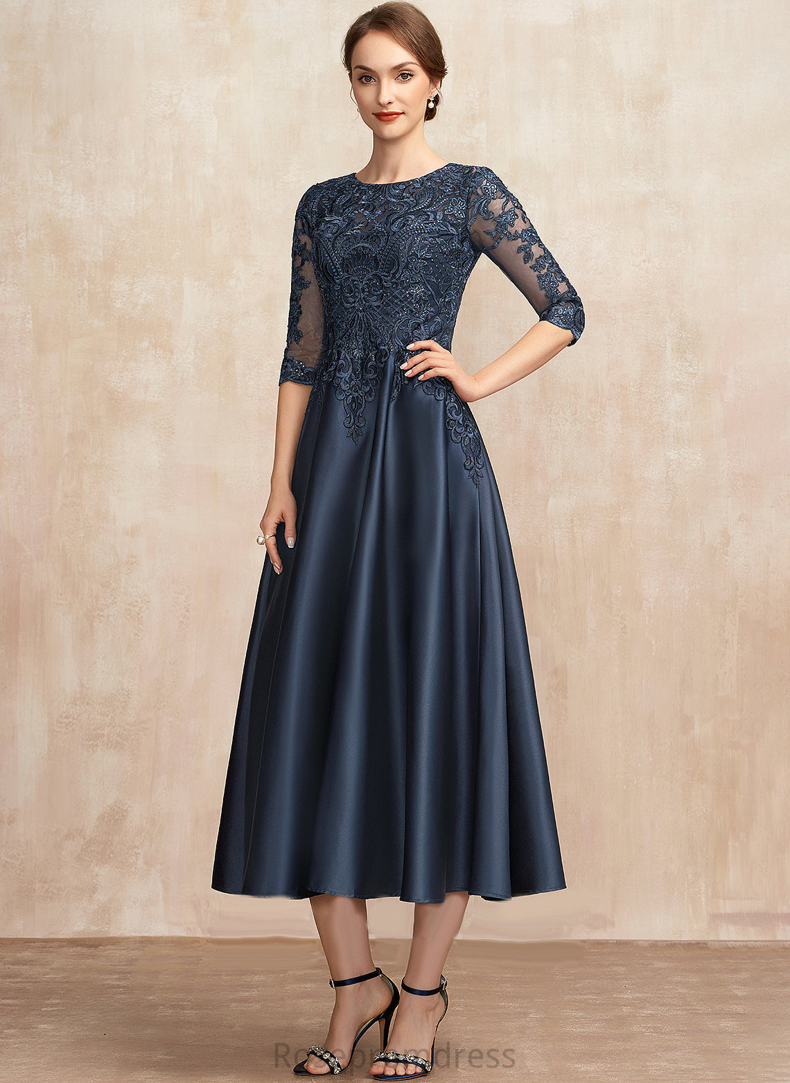 Tea-Length Mother Karina Dress Mother of the Bride Dresses With Sequins Lace Bride the A-Line of Satin Scoop Neck